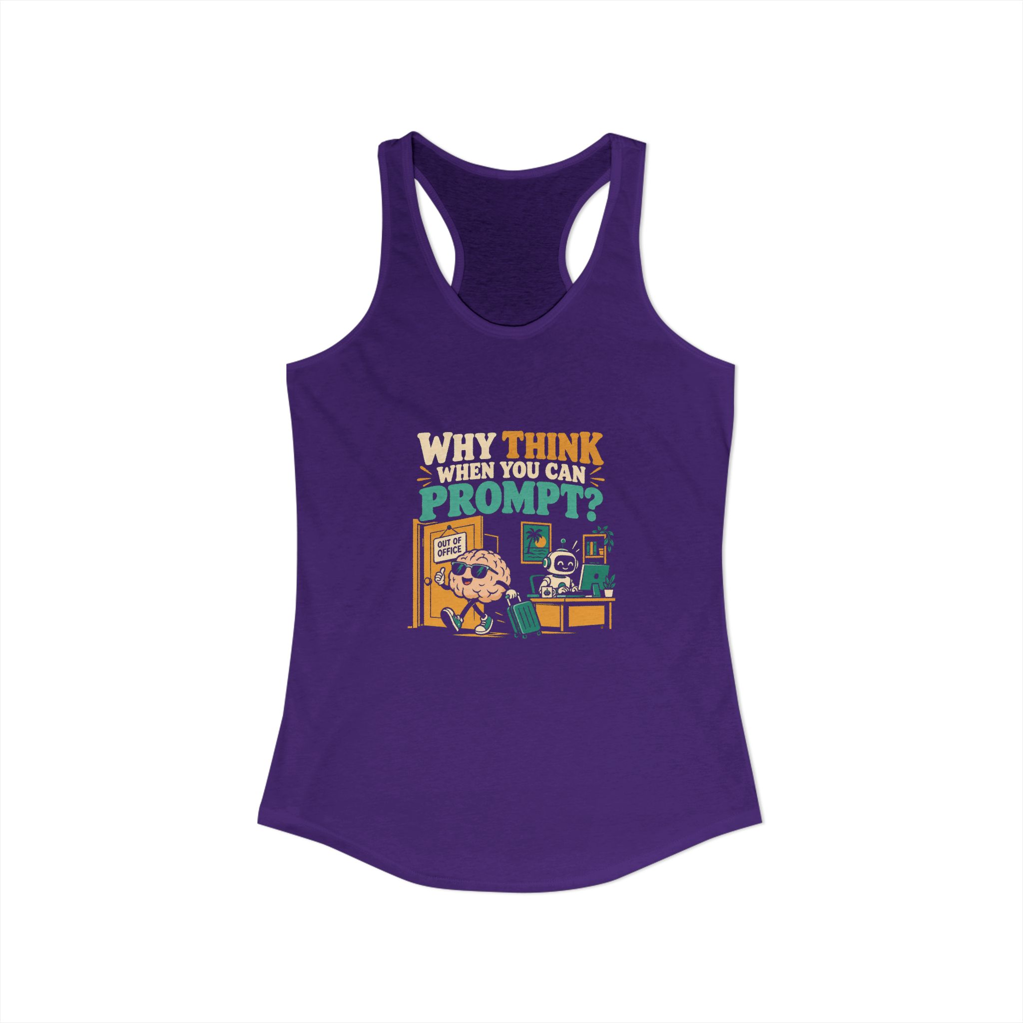 Prompt Out of Office women's racerback tank in Solid Purple Rush, front view