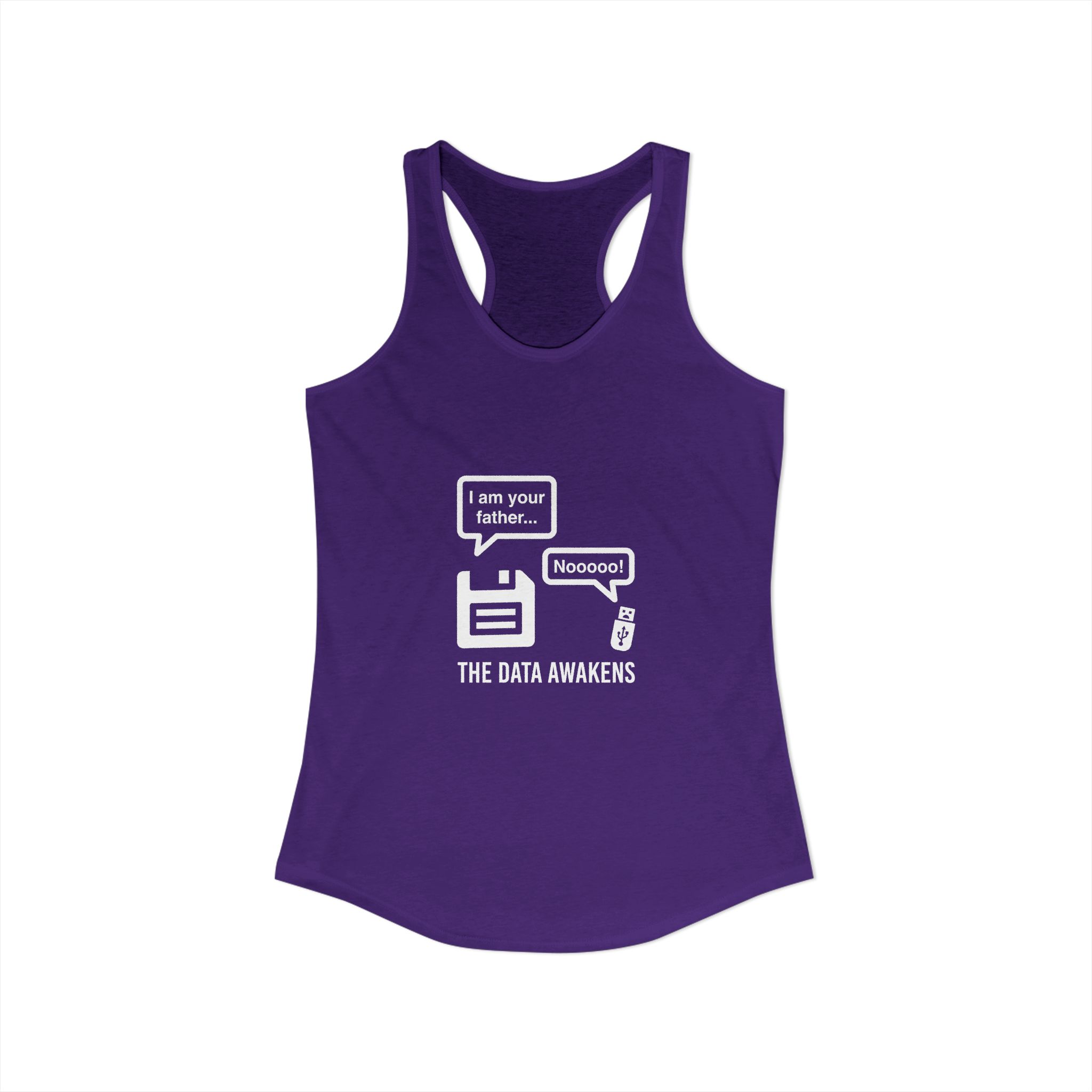 The Data Awakens women's racerback tank in Solid Purple Rush, front view