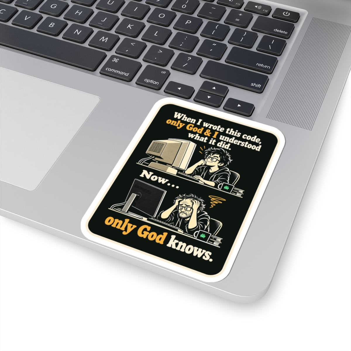 Only God Knows sticker, 4 inch, on a laptop