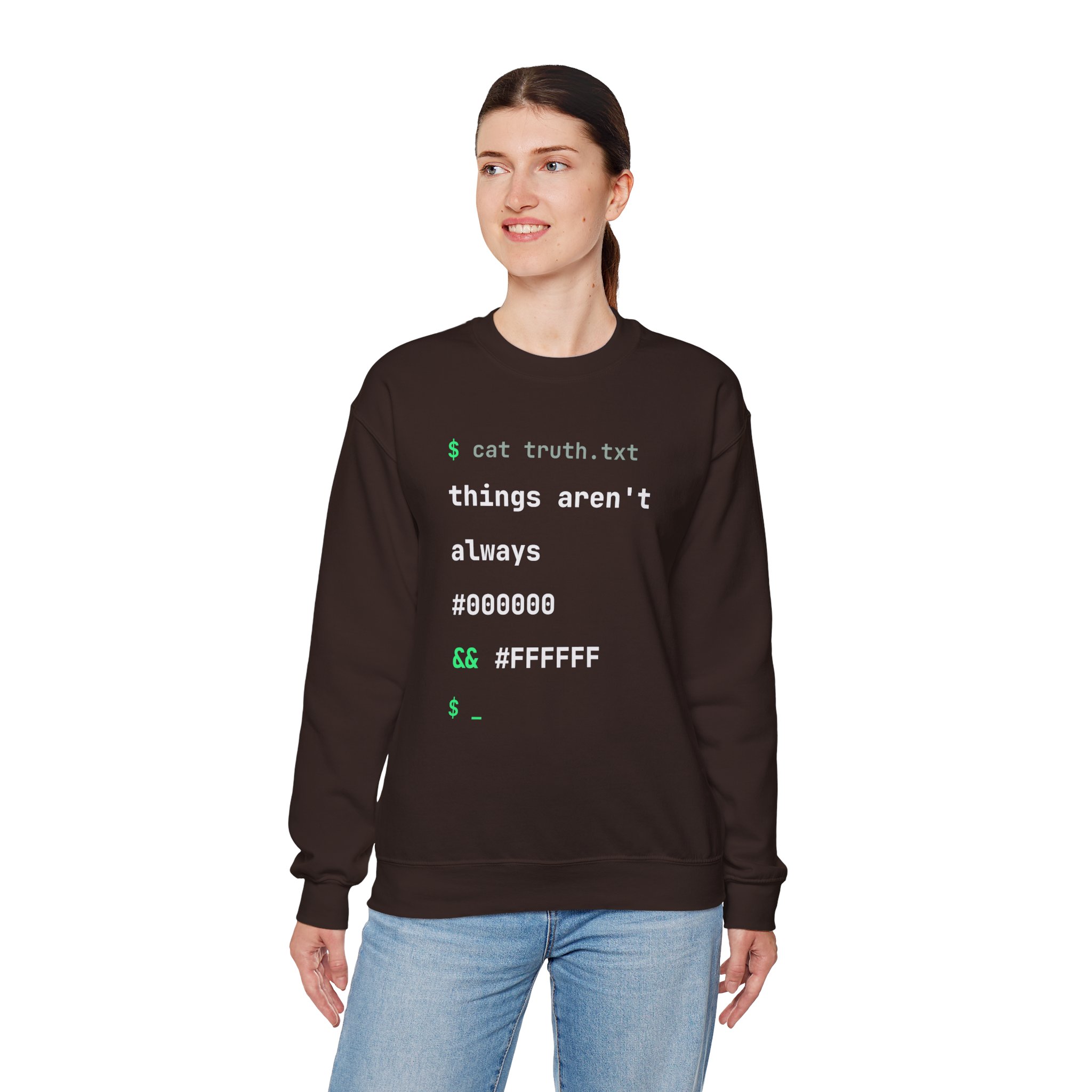 cat truth.txt crewneck sweatshirt in Dark Chocolate, worn by a model, fourth view