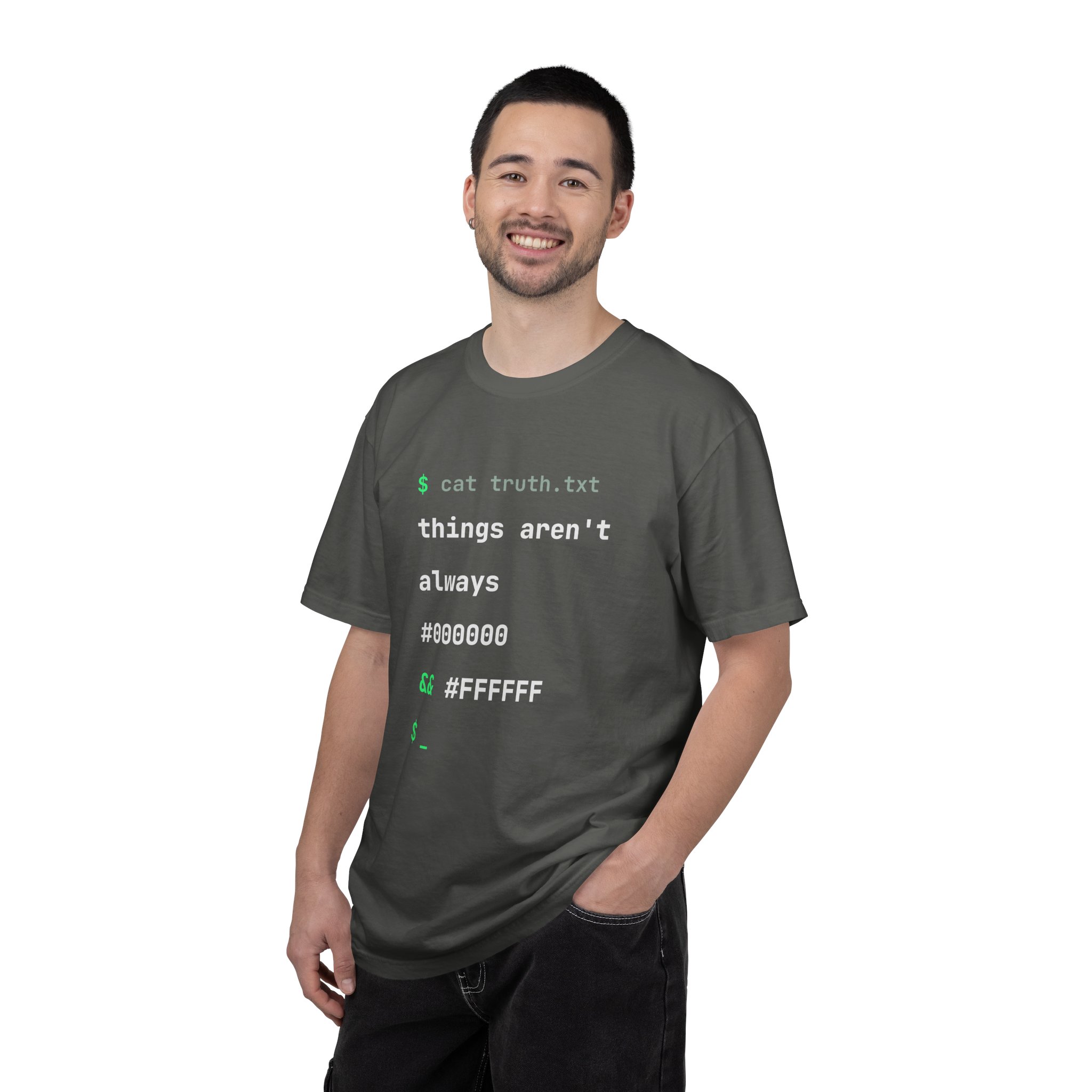 cat truth.txt T-shirt in Pepper, worn by a man