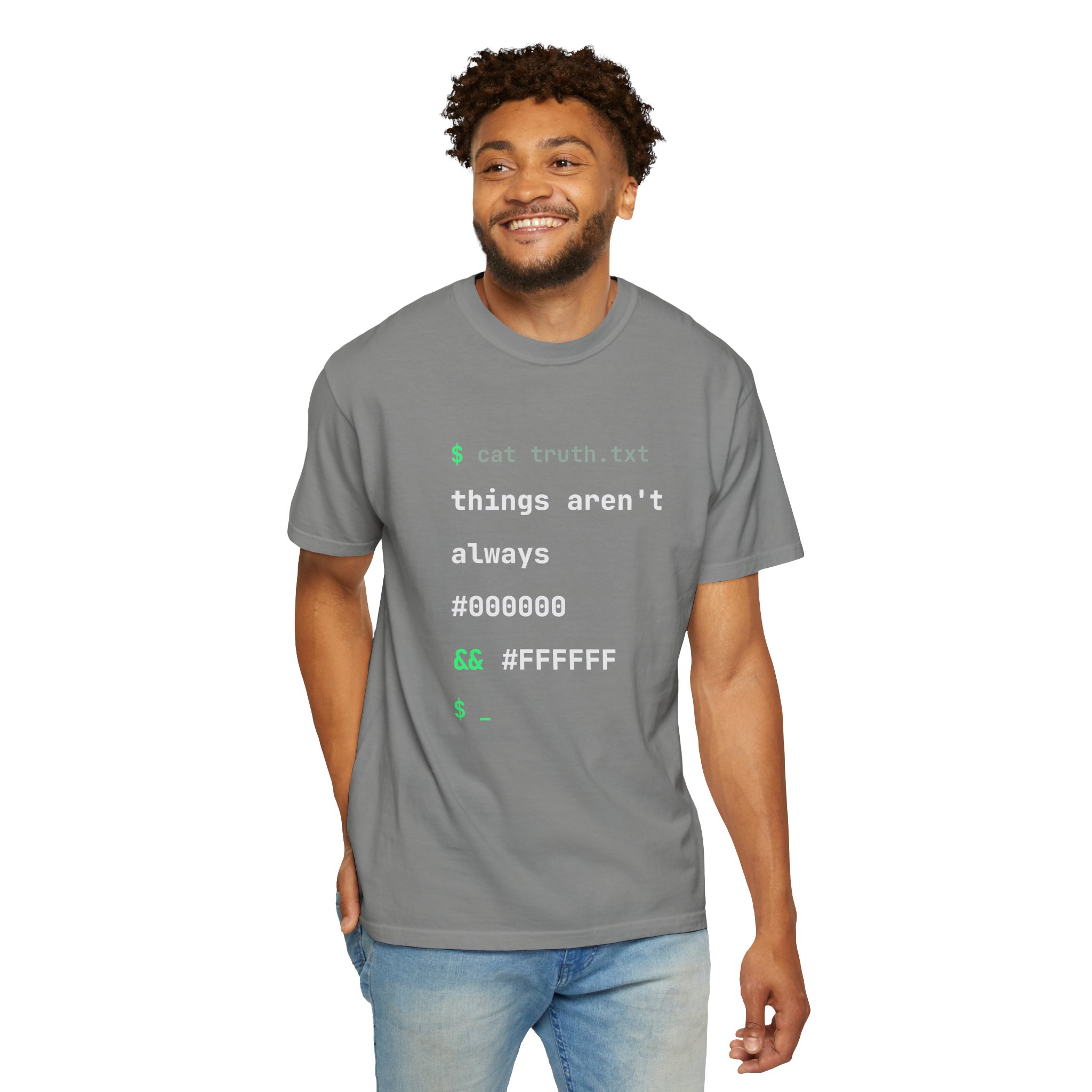 cat truth.txt T-shirt in Granite, worn by a man, second model