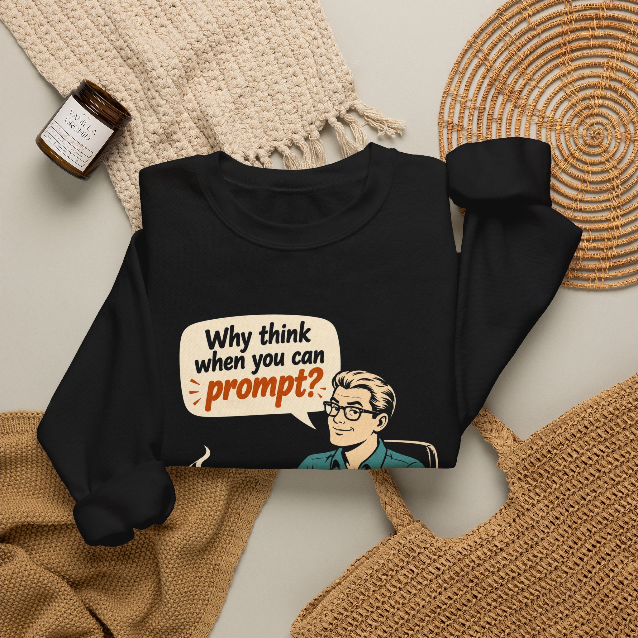 Why Think When You Can Prompt crewneck sweatshirt in Black, folded 2