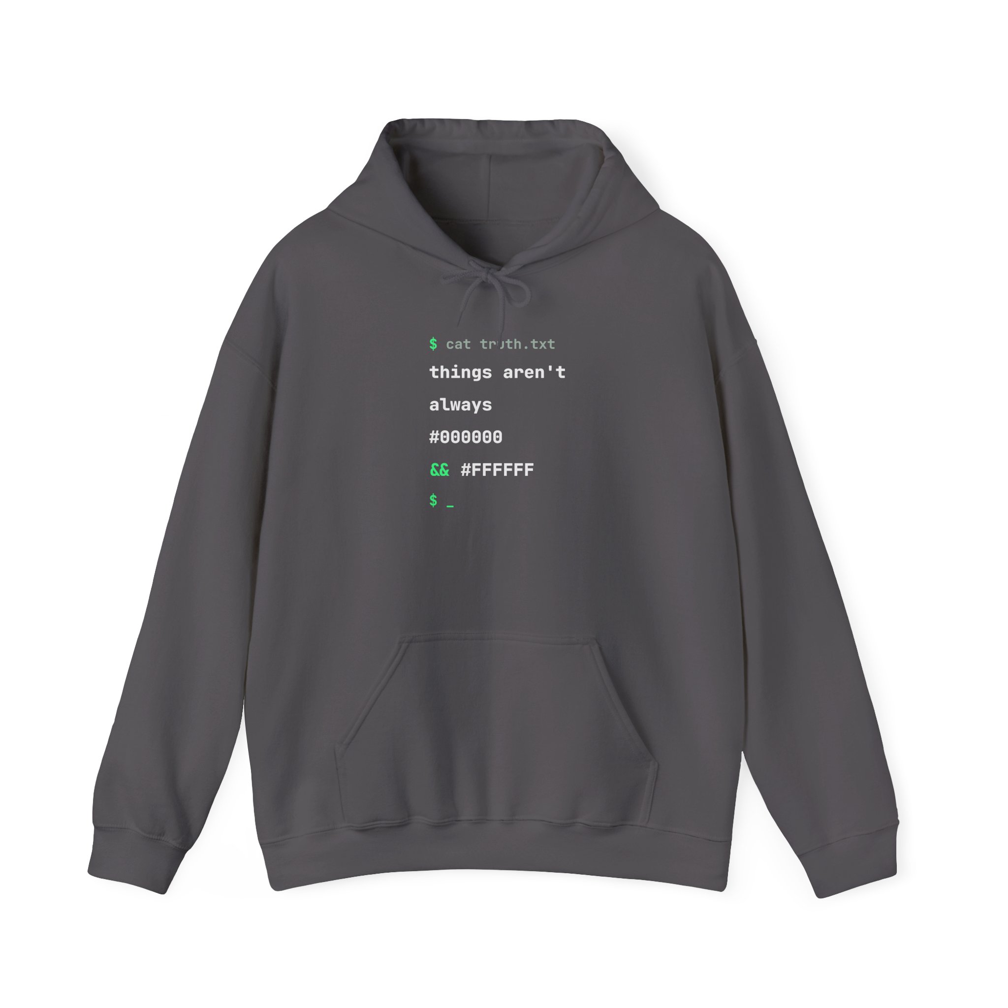 cat truth.txt hoodie in Charcoal, front view