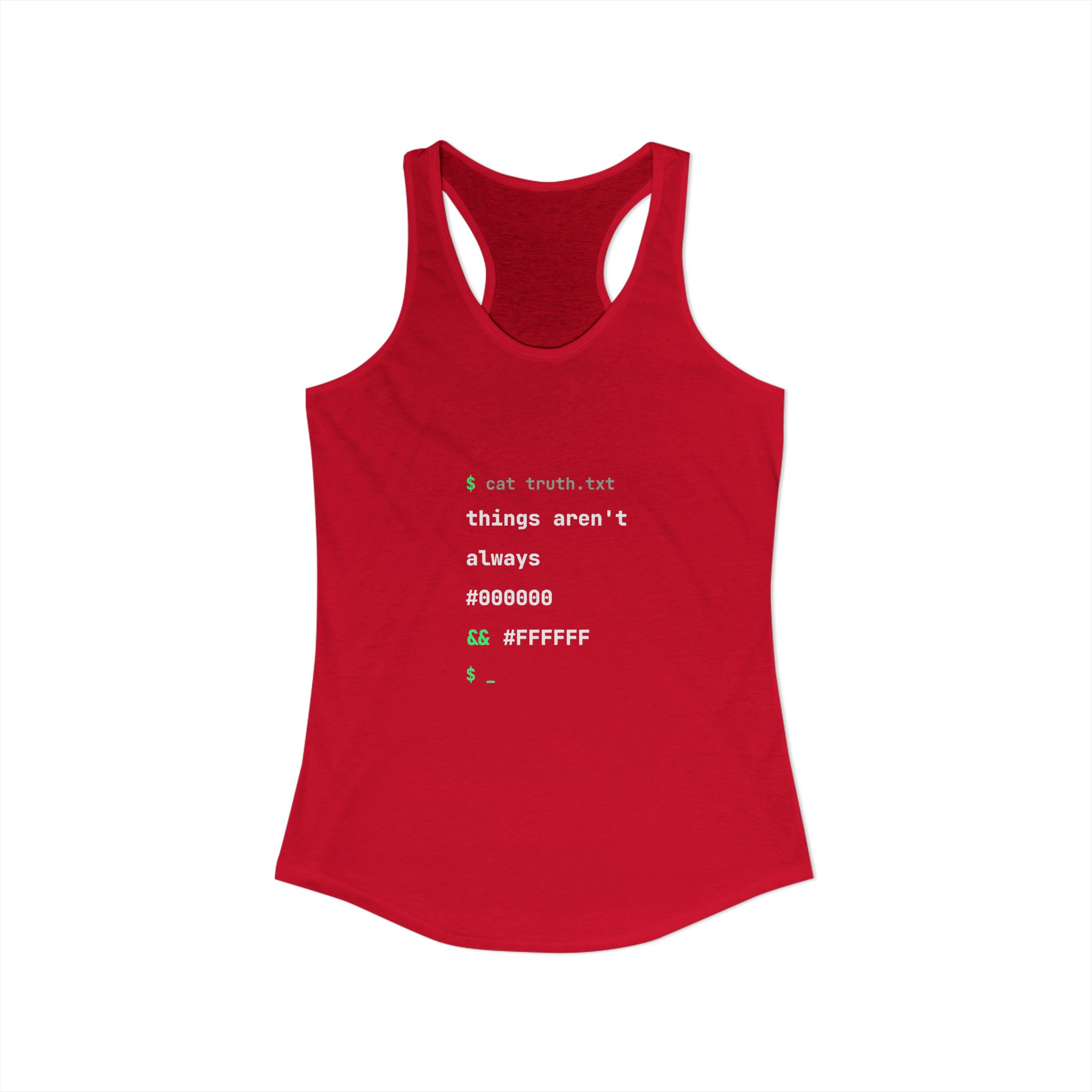 cat truth.txt women's racerback tank in Solid Red, front view