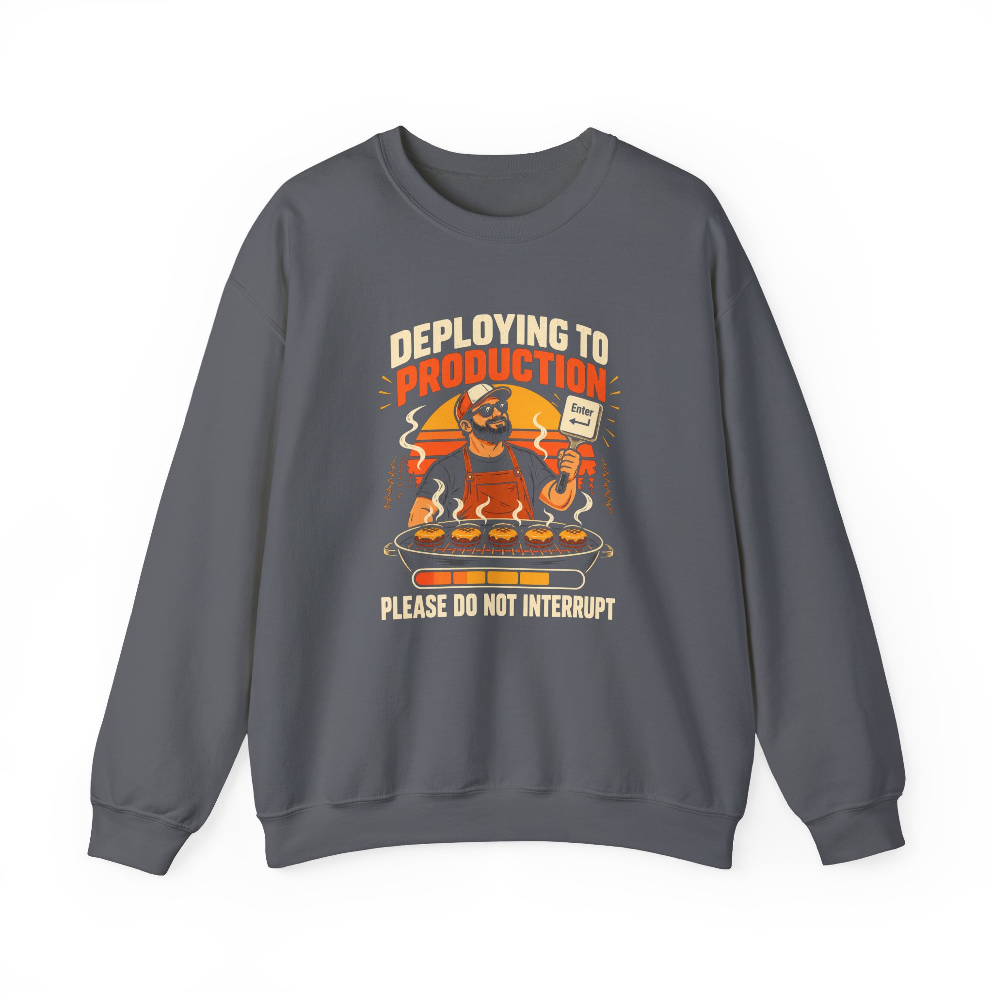 Deploying to Production crewneck sweatshirt in Charcoal, front view