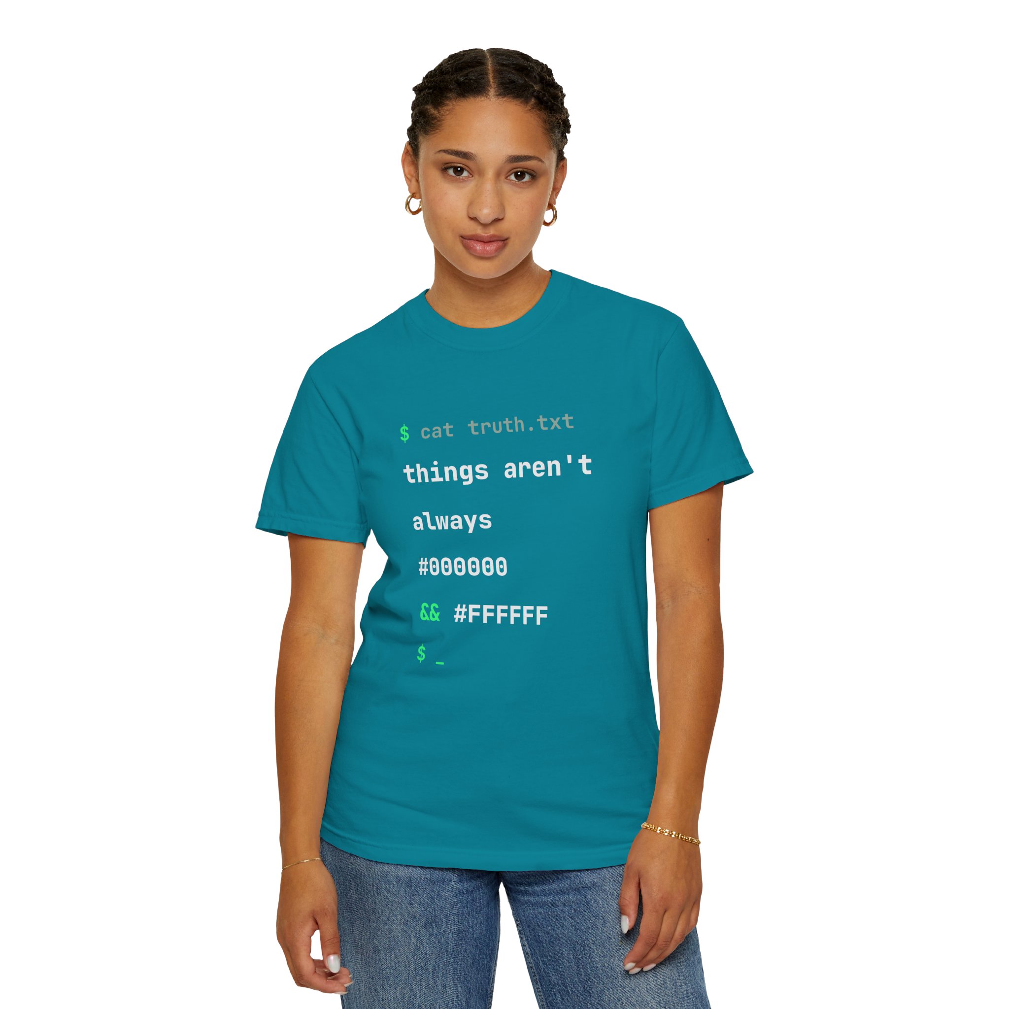 cat truth.txt T-shirt in Topaz Blue, worn by a woman, second model