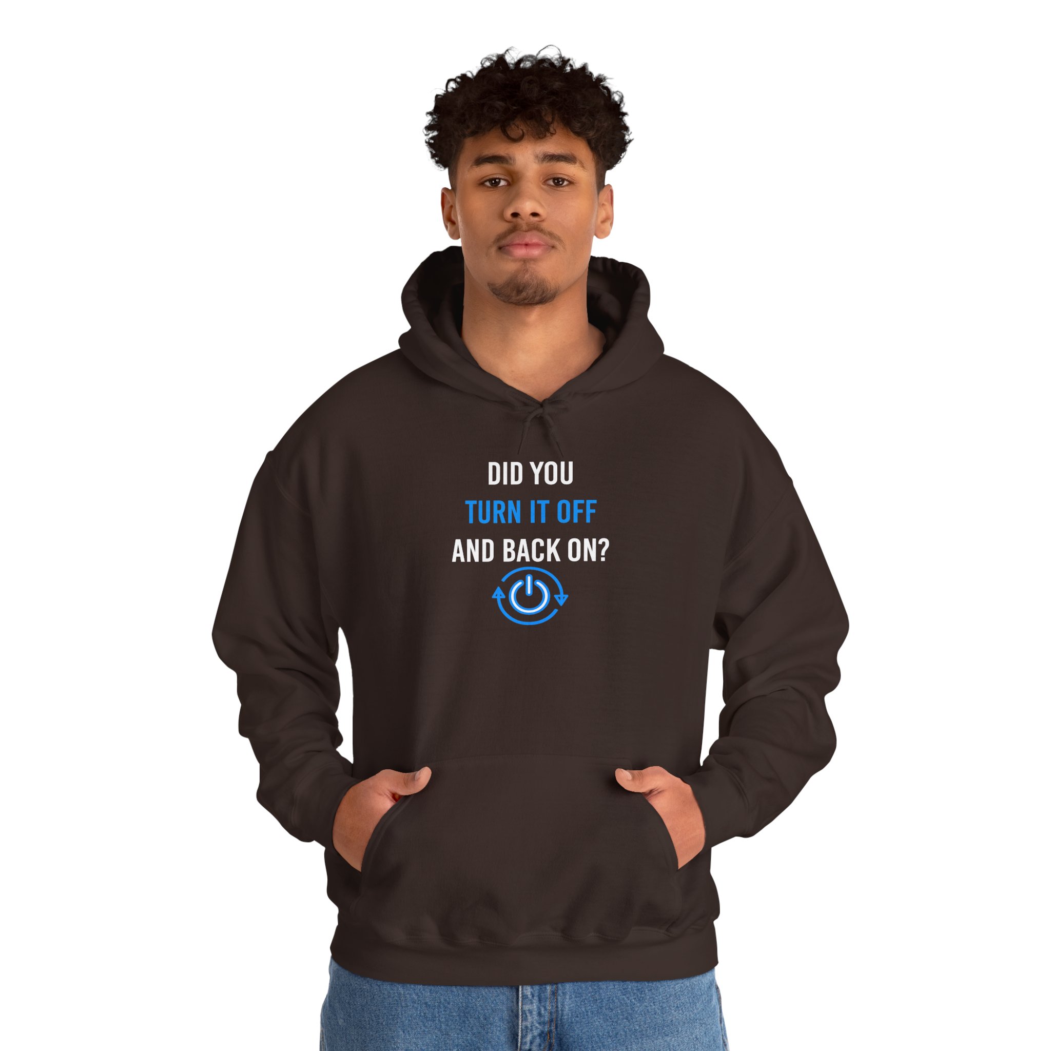 Did You Turn It Off and Back On? hoodie in Dark Chocolate, worn by a model, second view