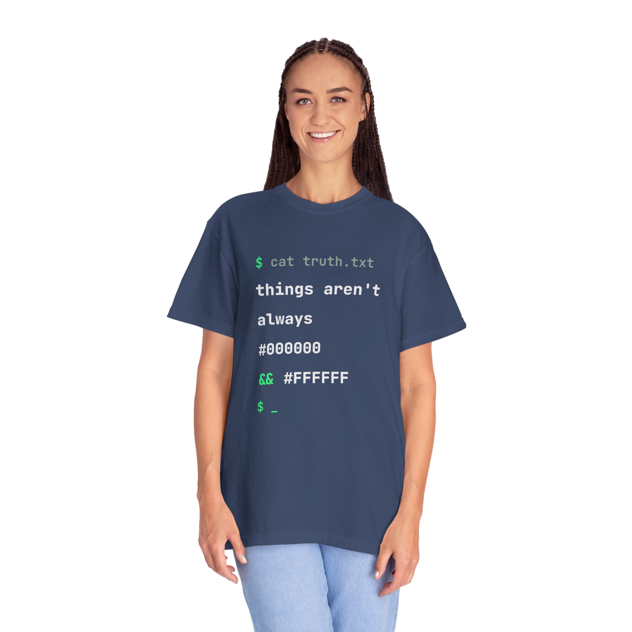 cat truth.txt T-shirt in China Blue, worn by a woman