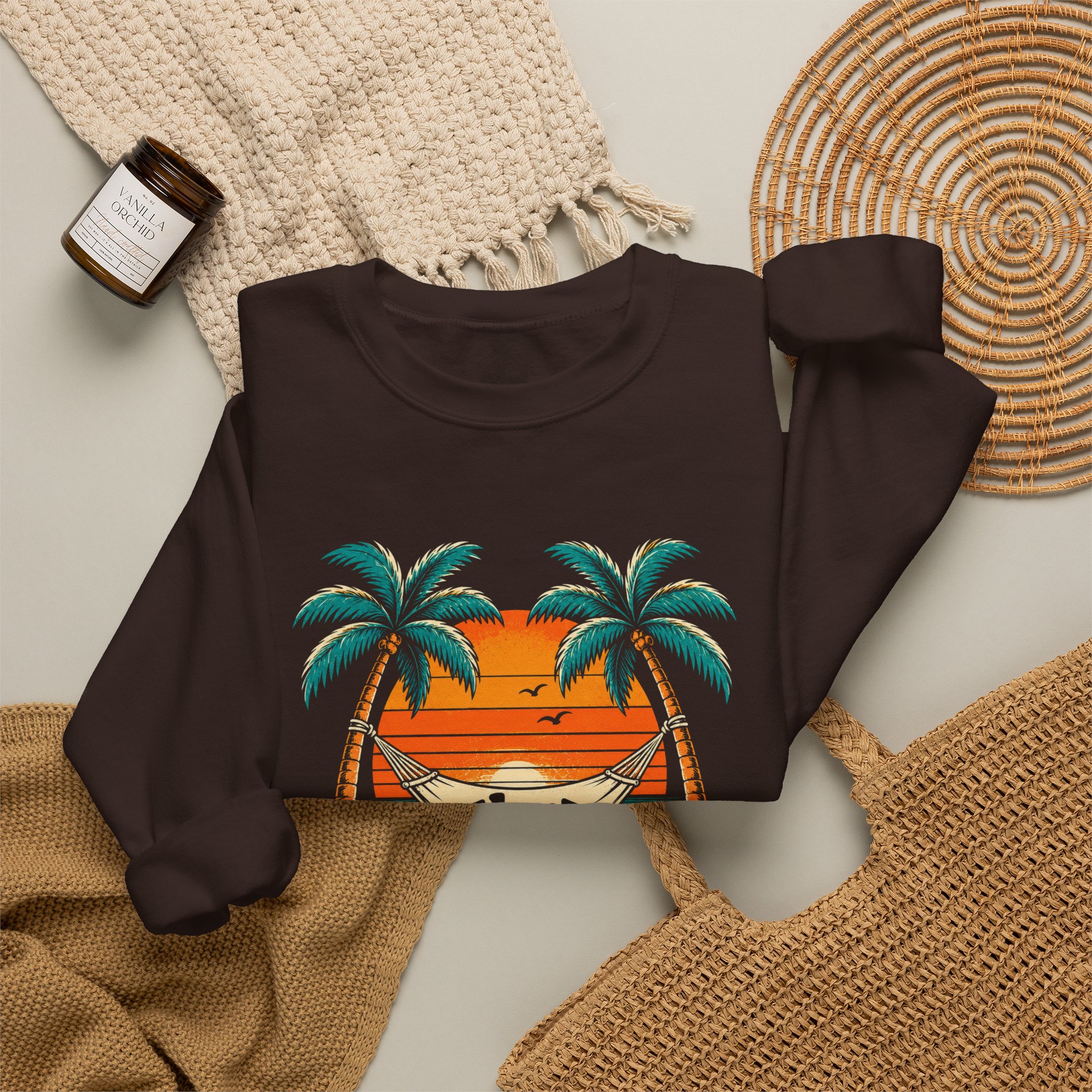 Take a Break Hammock crewneck sweatshirt in Dark Chocolate, folded 2