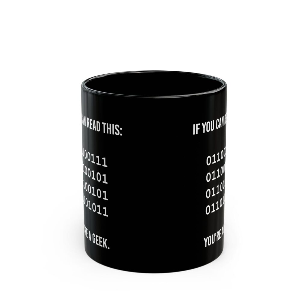 Geek Binary Code black mug, 11 oz, front view
