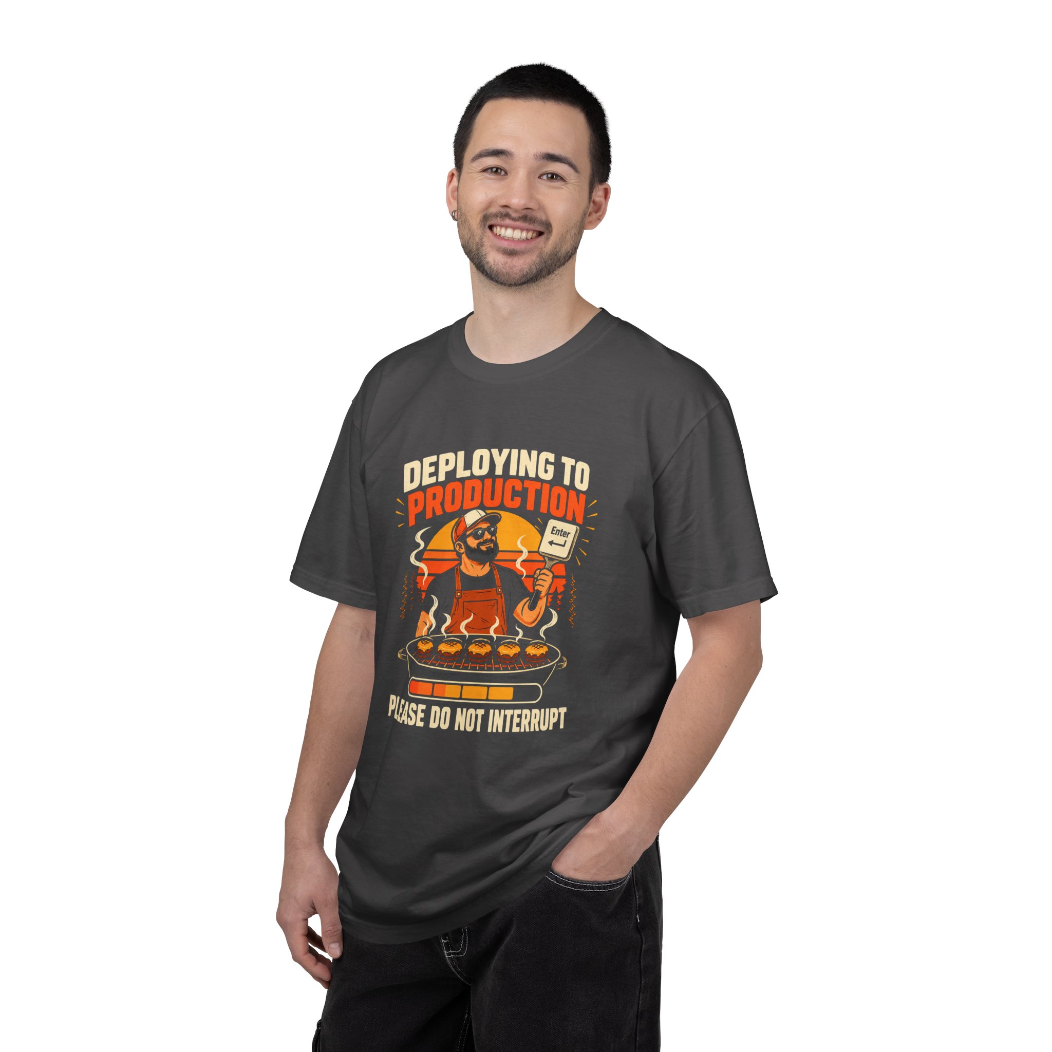 Deploying to Production T-shirt in Graphite, worn by a man
