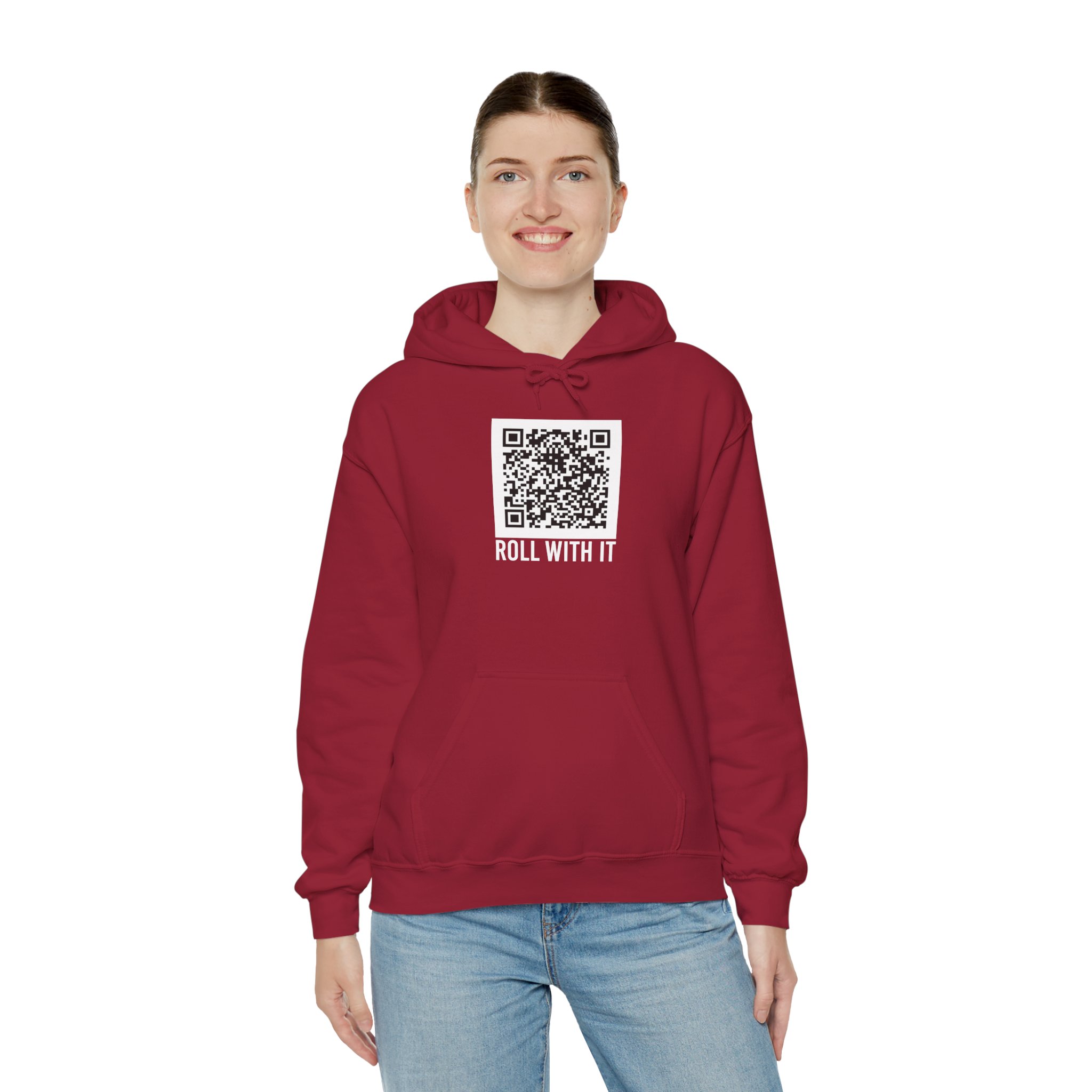 Roll With It QR Code hoodie in Cardinal Red, worn by a model, third view