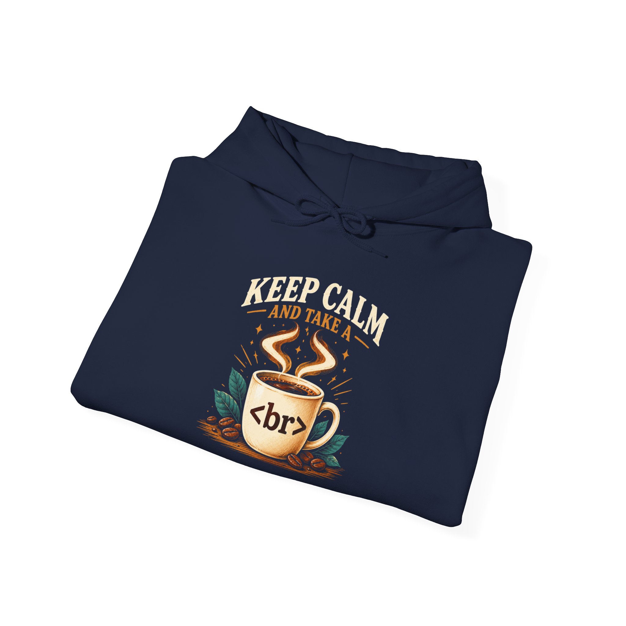 Keep Calm Coffee Break hoodie in Navy, folded