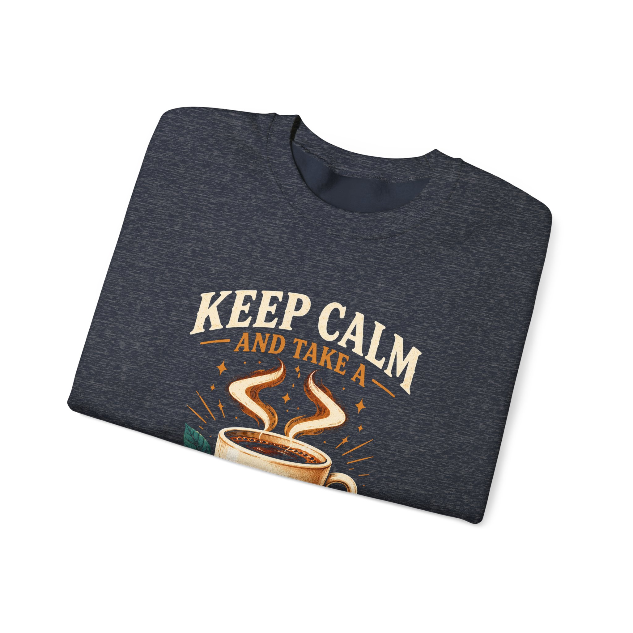 Keep Calm Coffee Break crewneck sweatshirt in Heather Sport Dark Navy, folded