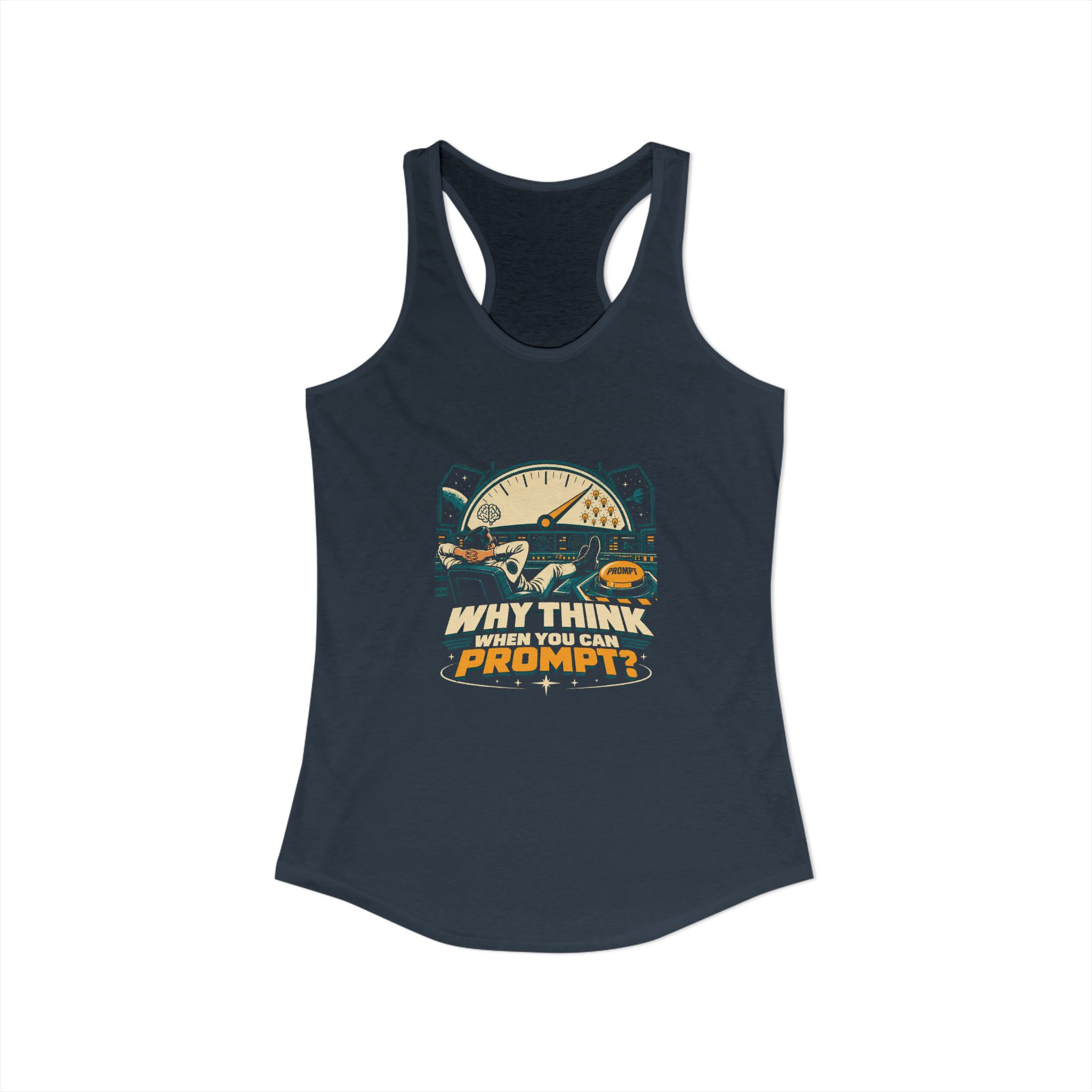Prompt Mission Control women's racerback tank in Solid Indigo, front view