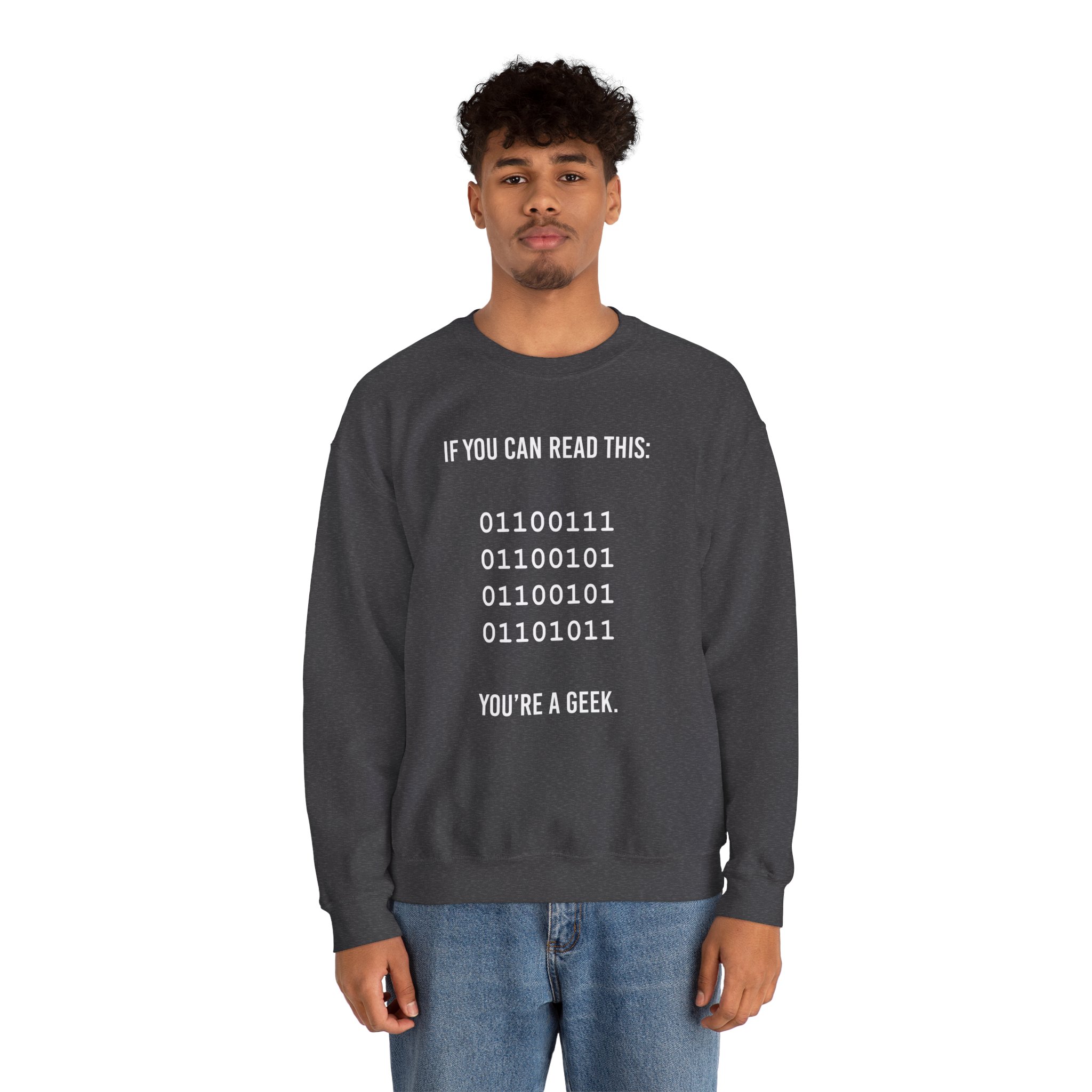 Geek Binary Code crewneck sweatshirt in Dark Heather, worn by a model, second view