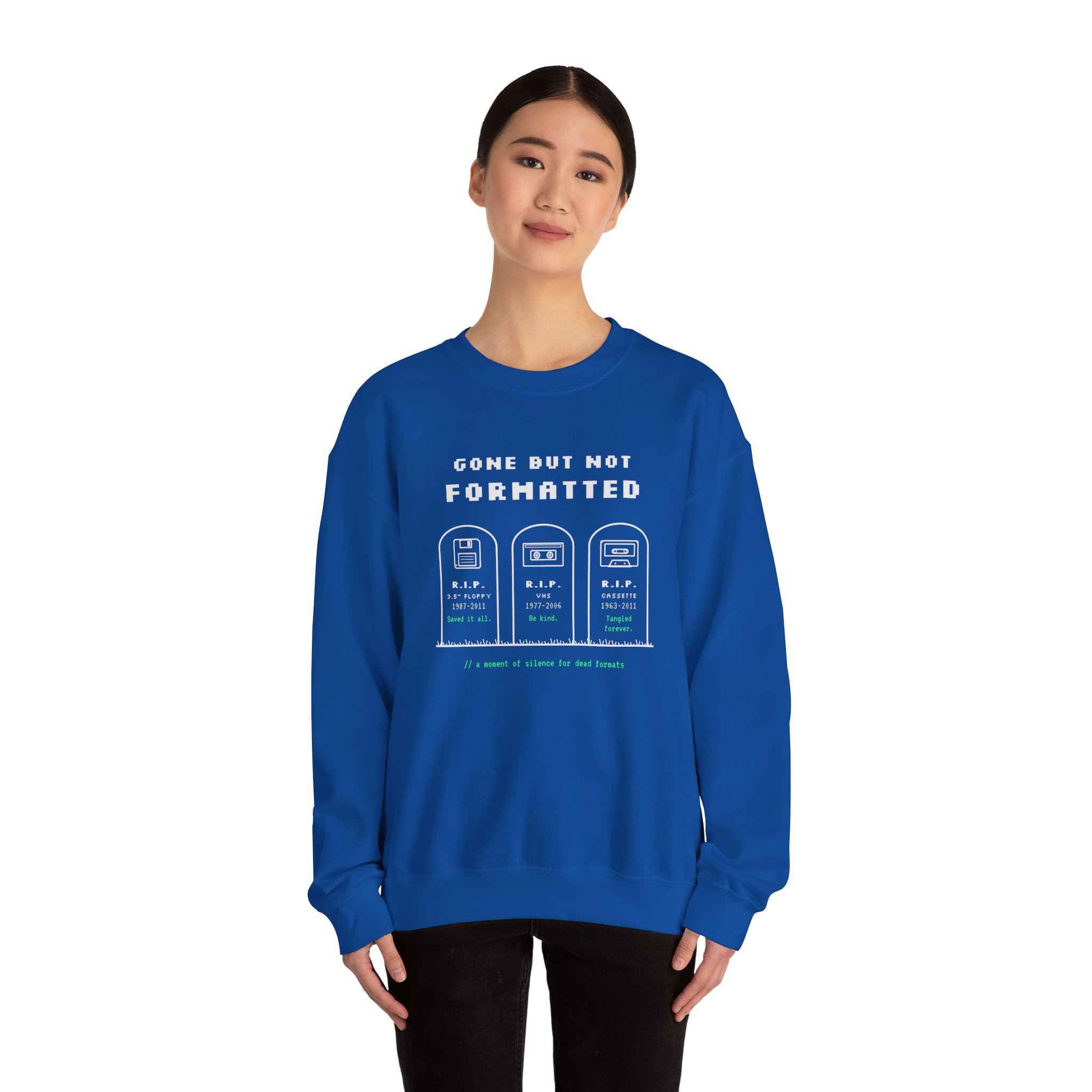Gone But Not Formatted crewneck sweatshirt in Royal, worn by a model