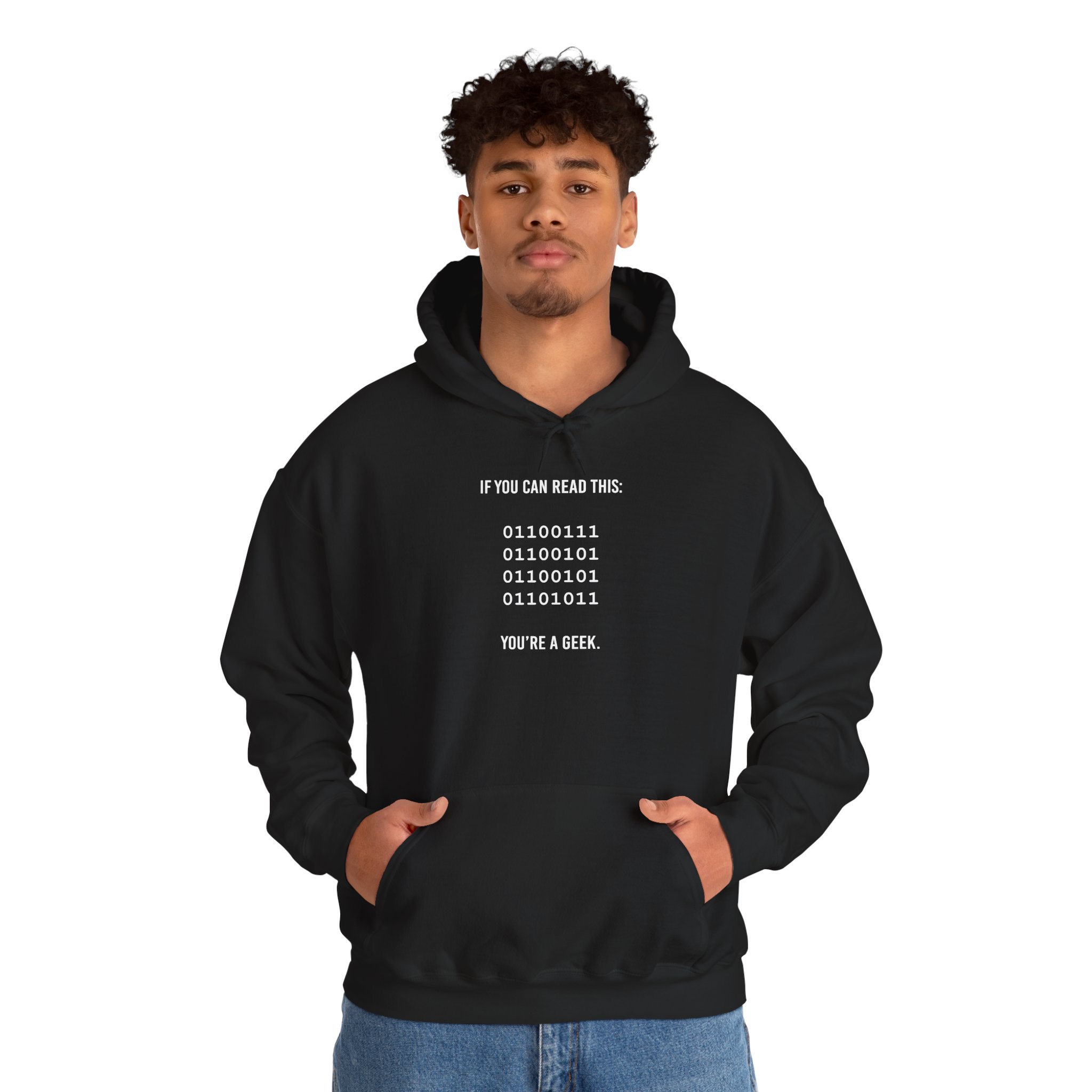 Geek Binary Code hoodie in Black, worn by a model, second view