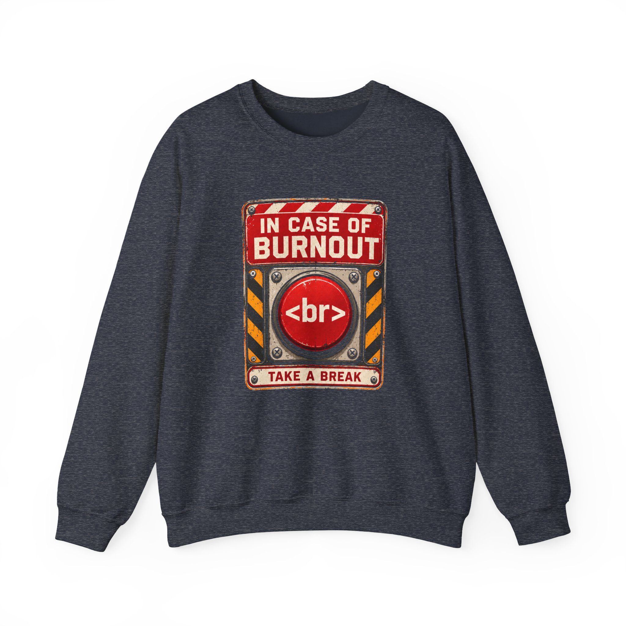 In Case of Burnout crewneck sweatshirt in Heather Sport Dark Navy, front view
