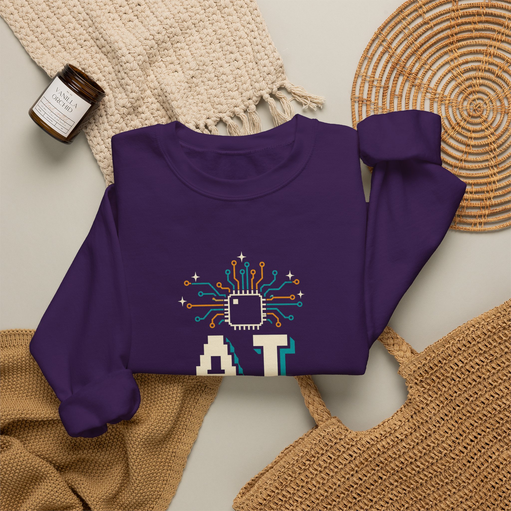 AI Magic Chip crewneck sweatshirt in Purple, folded 2