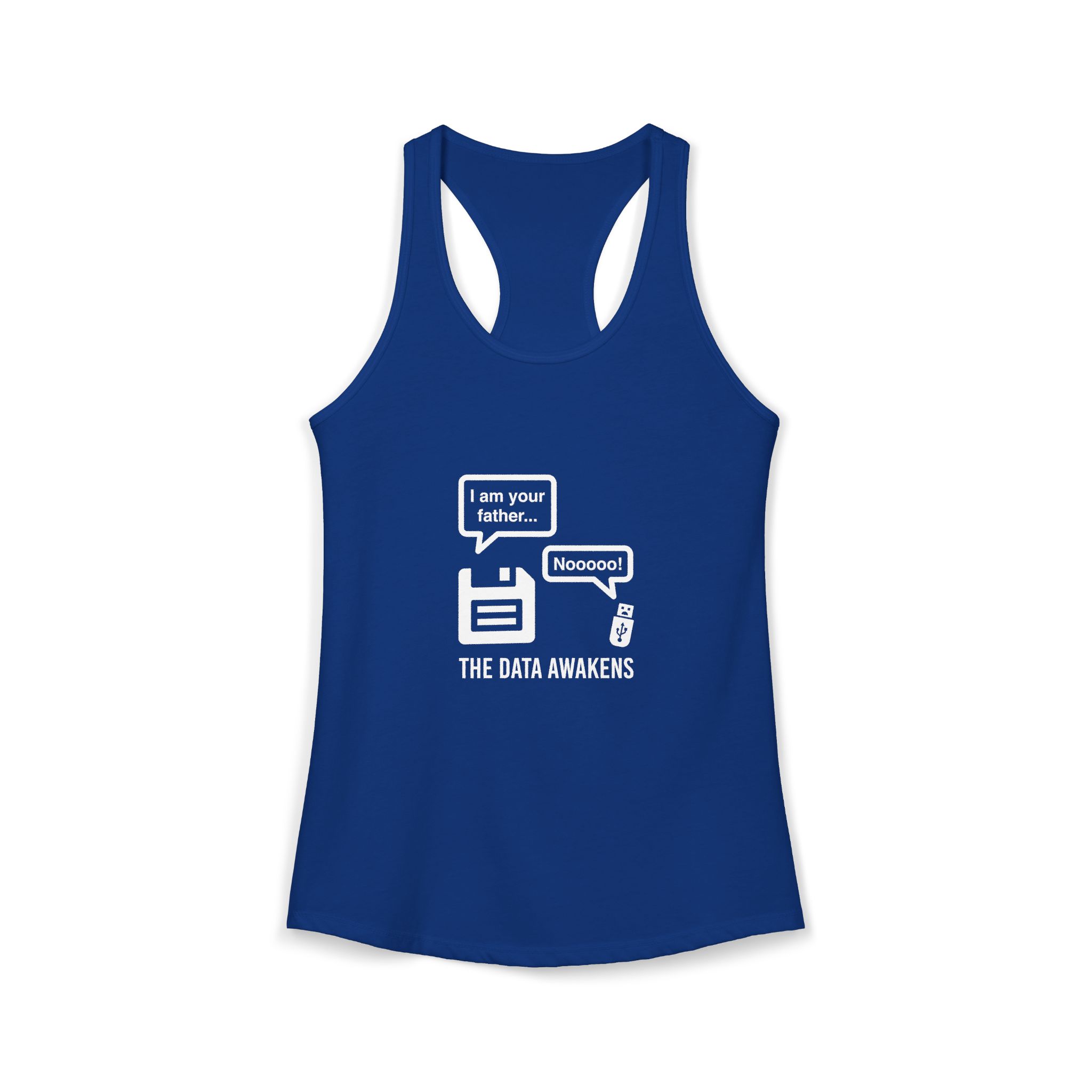 The Data Awakens women's racerback tank in Solid Royal, front 2