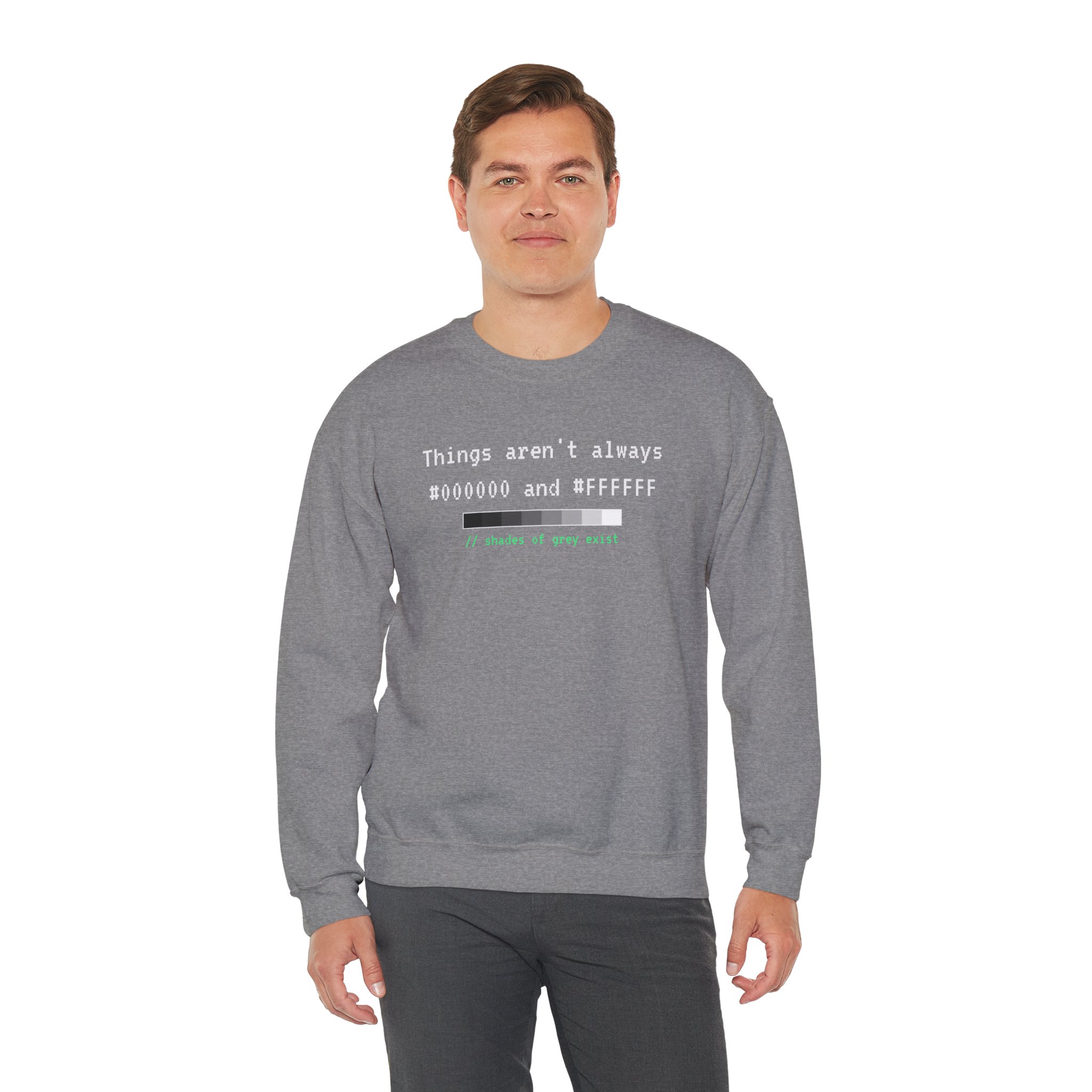 Shades of Grey Exist crewneck sweatshirt in Graphite Heather, worn by a model, third view
