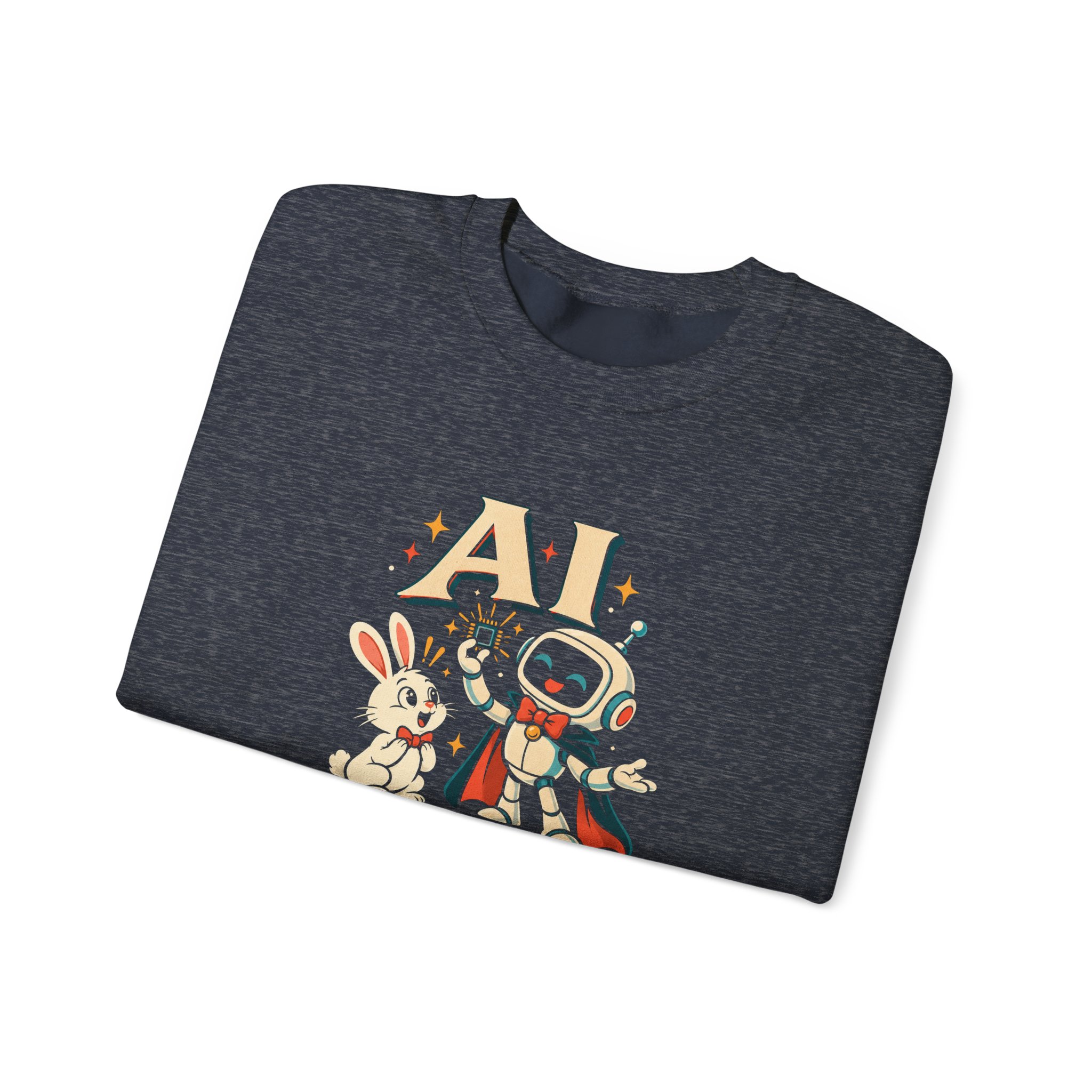 AI Magic Bunny crewneck sweatshirt in Heather Sport Dark Navy, folded
