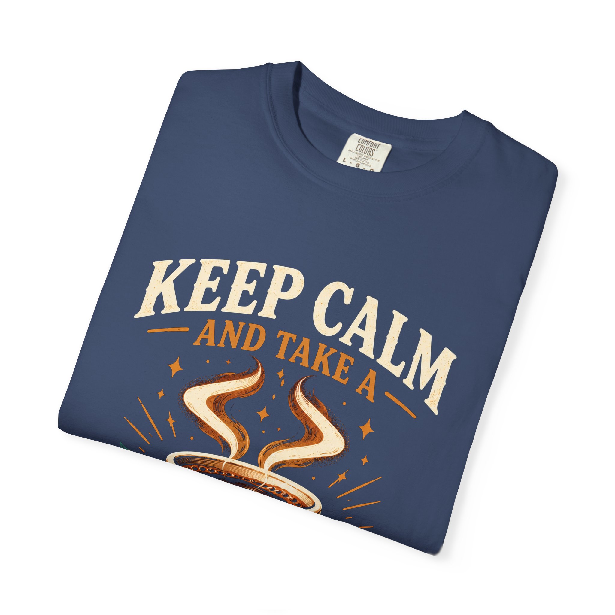 Keep Calm Coffee Break T-shirt in China Blue, folded