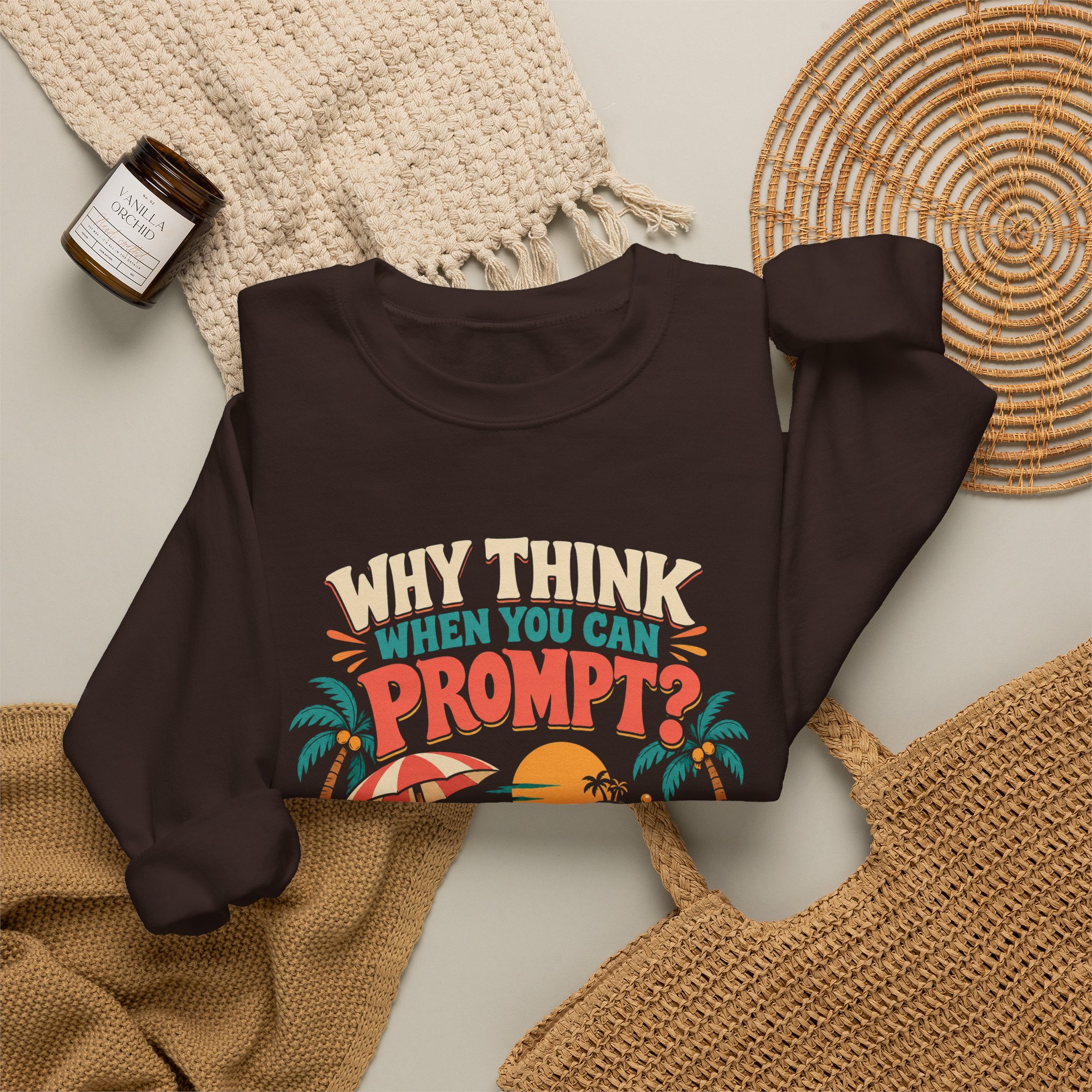 Prompt Beach Brain crewneck sweatshirt in Dark Chocolate, folded 2
