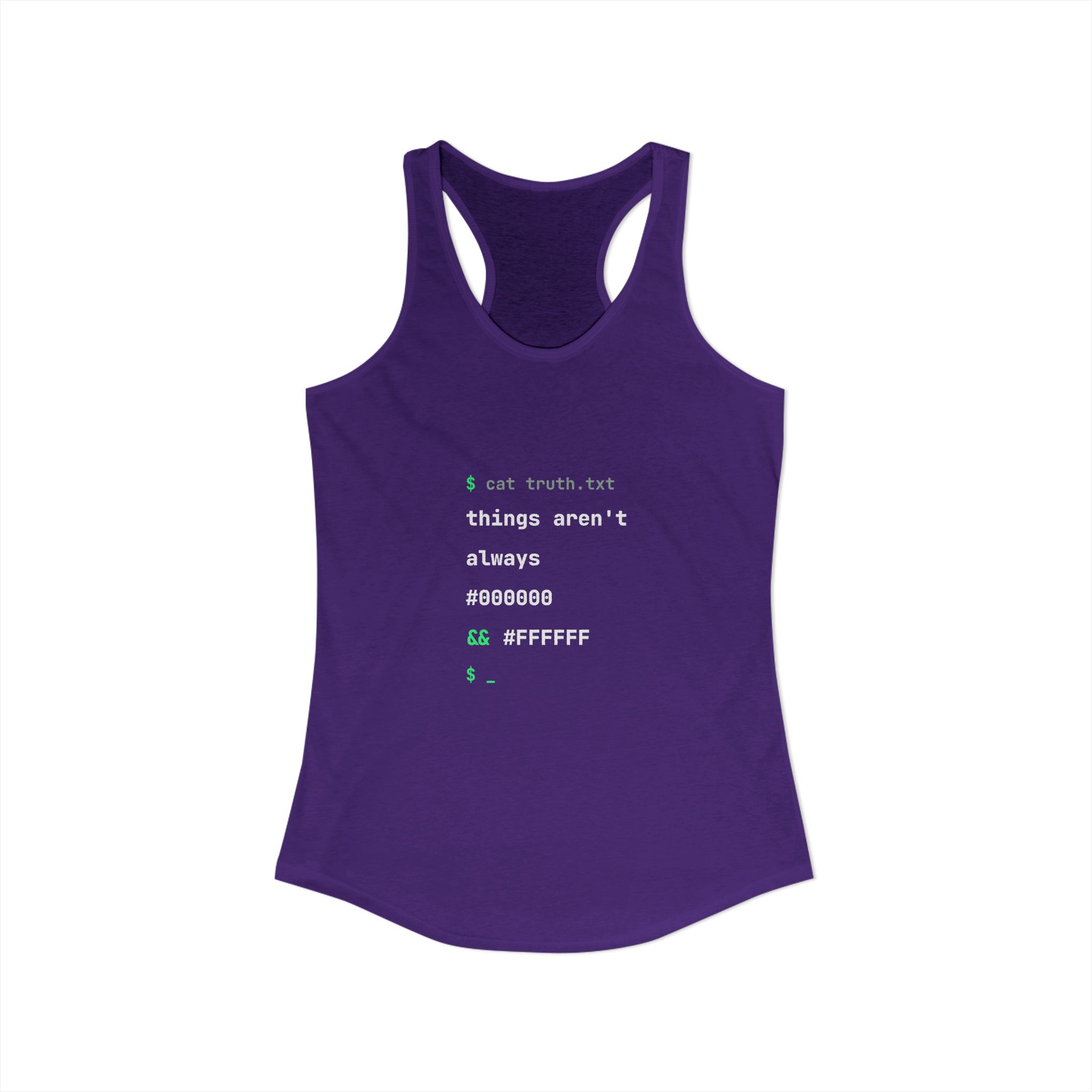 cat truth.txt women's racerback tank in Solid Purple Rush, front view