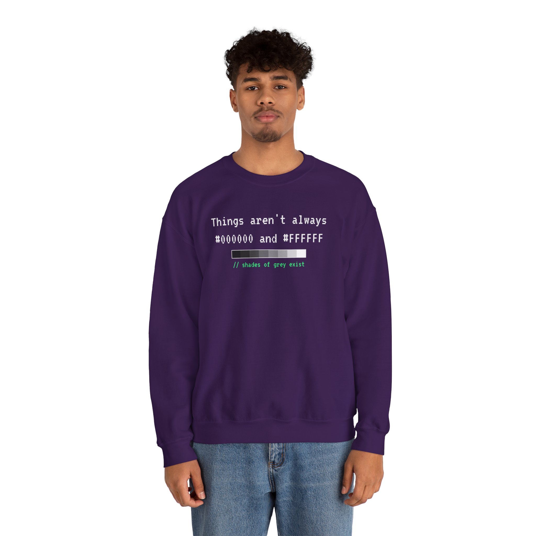 Shades of Grey Exist crewneck sweatshirt in Purple, worn by a model, second view