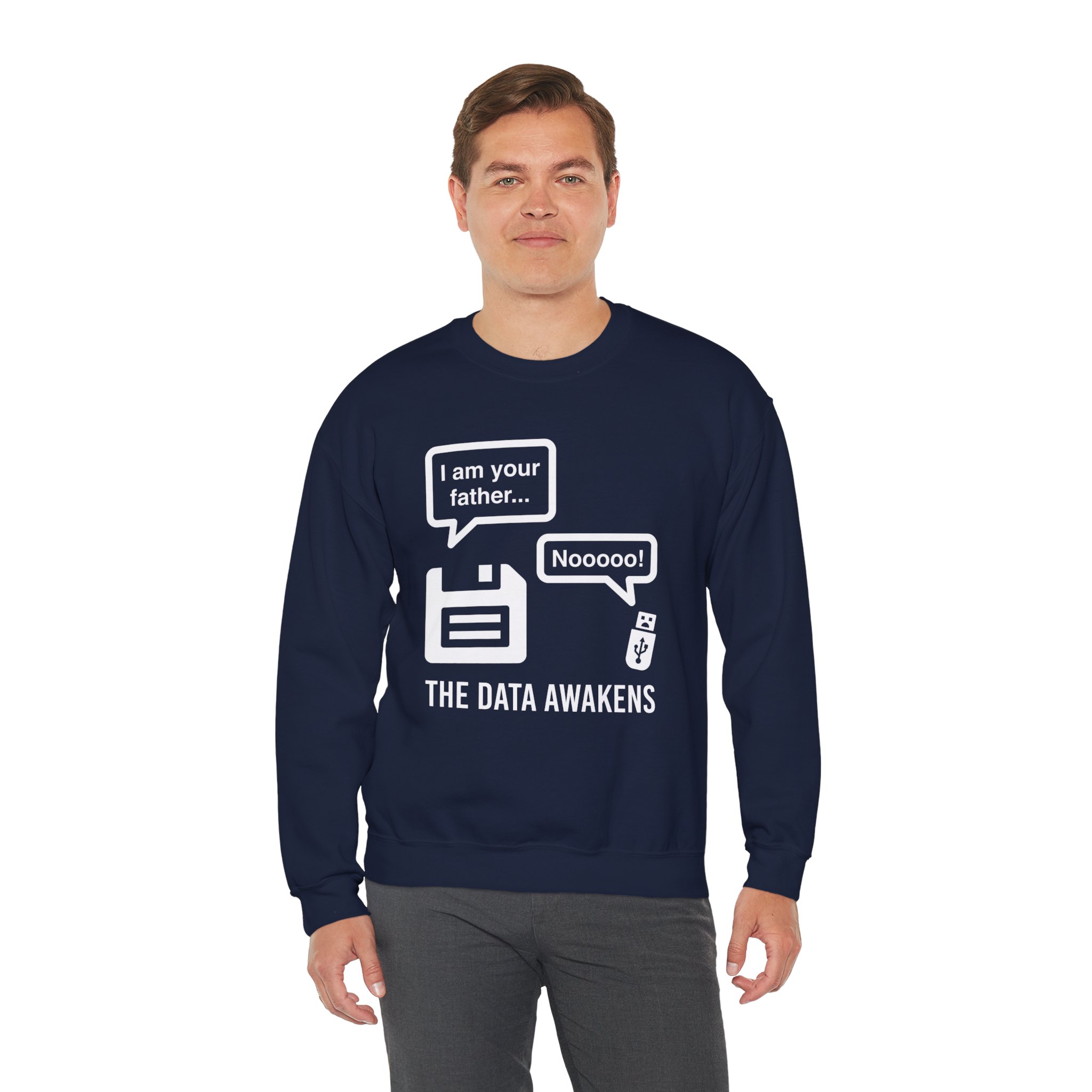 The Data Awakens crewneck sweatshirt in Navy, worn by a model, third view