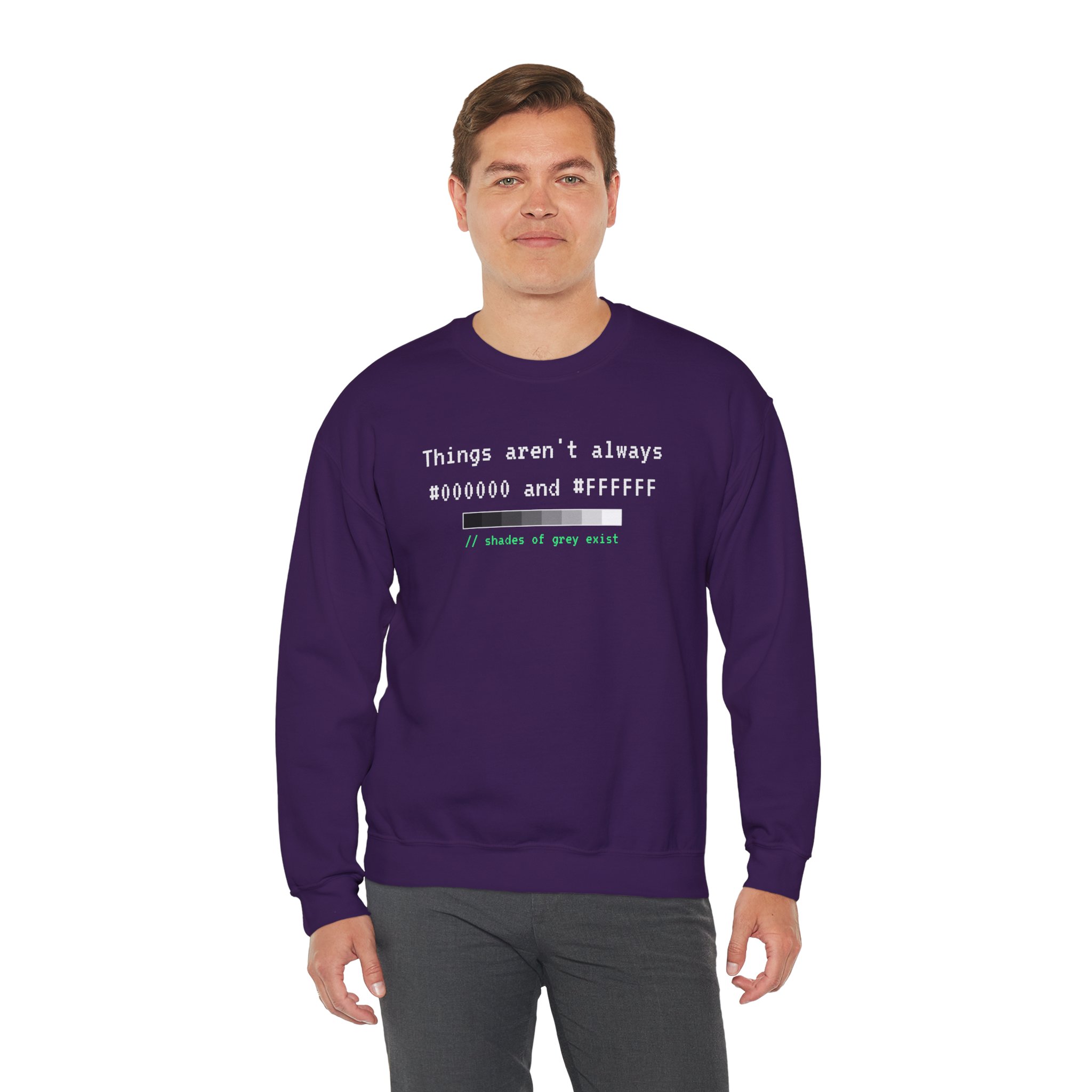 Shades of Grey Exist crewneck sweatshirt in Purple, worn by a model, third view