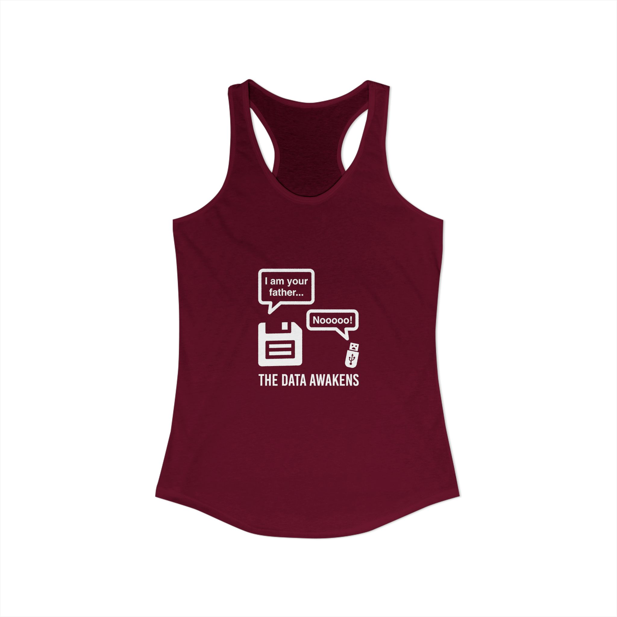 The Data Awakens women's racerback tank in Solid Cardinal Red, front view