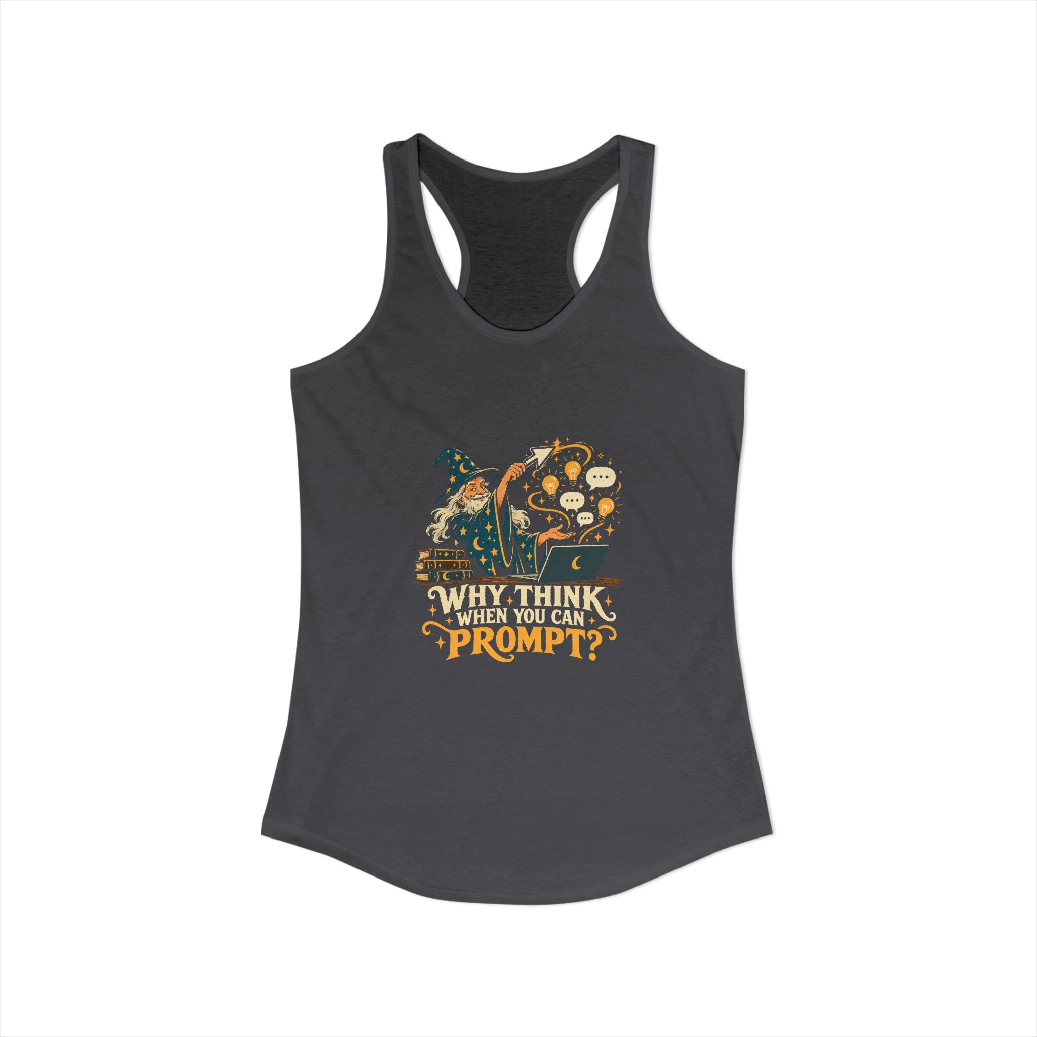 Prompt Wizard women's racerback tank in Solid Dark Gray, front view