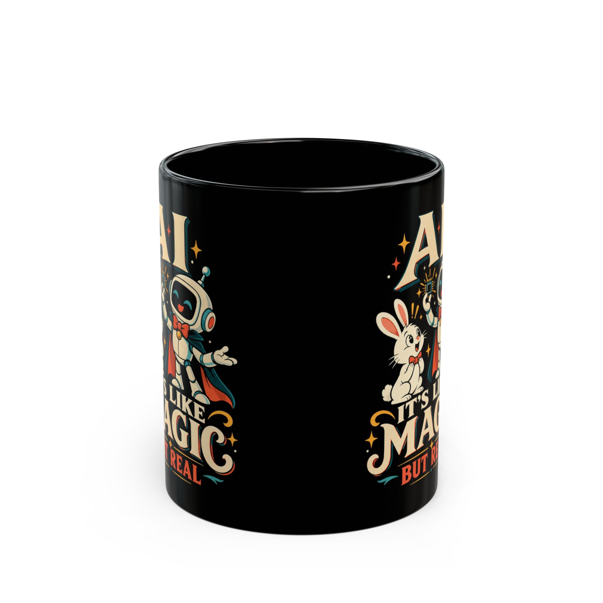 AI Magic Bunny black mug, 11 oz, front view