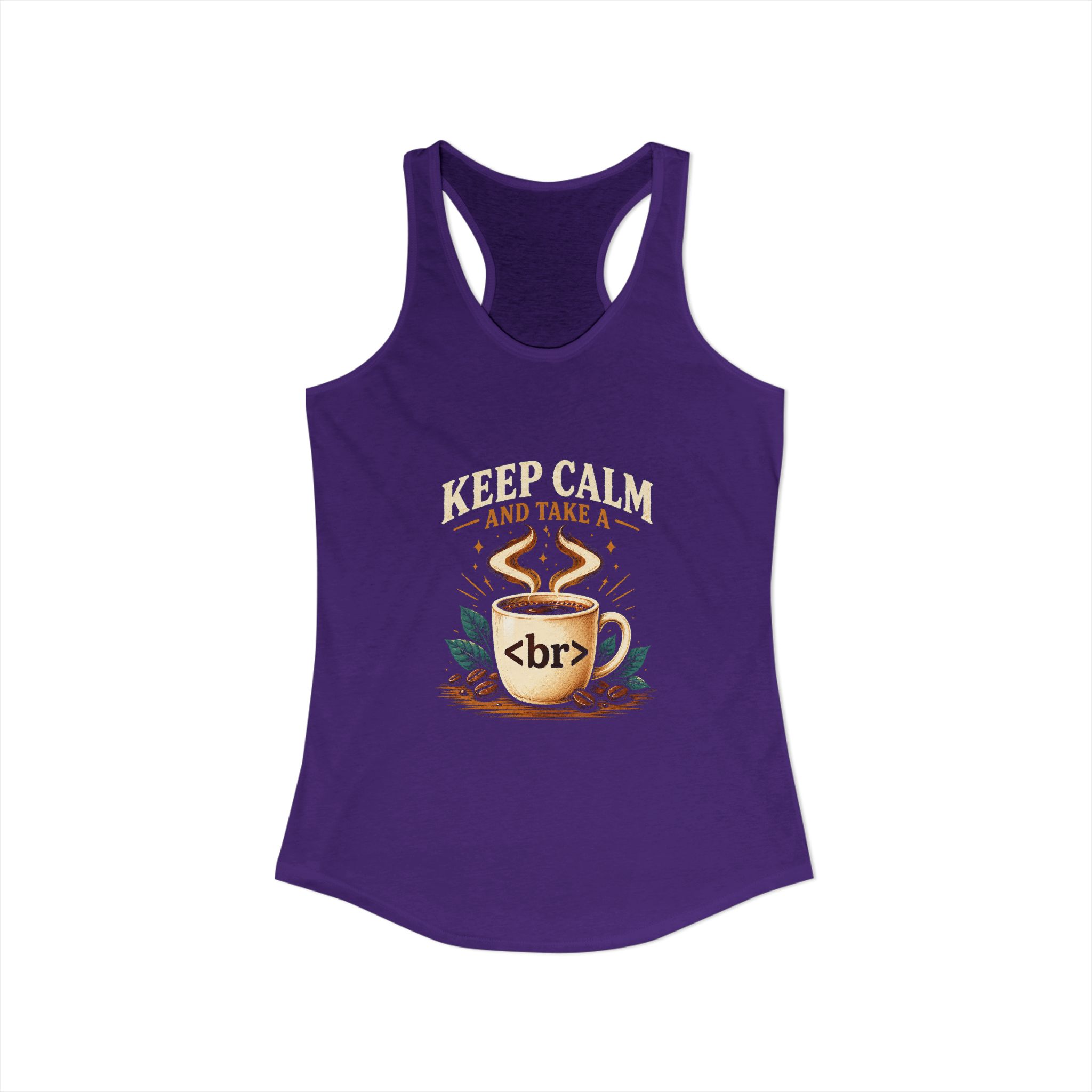Keep Calm Coffee Break women's racerback tank in Solid Purple Rush, front view