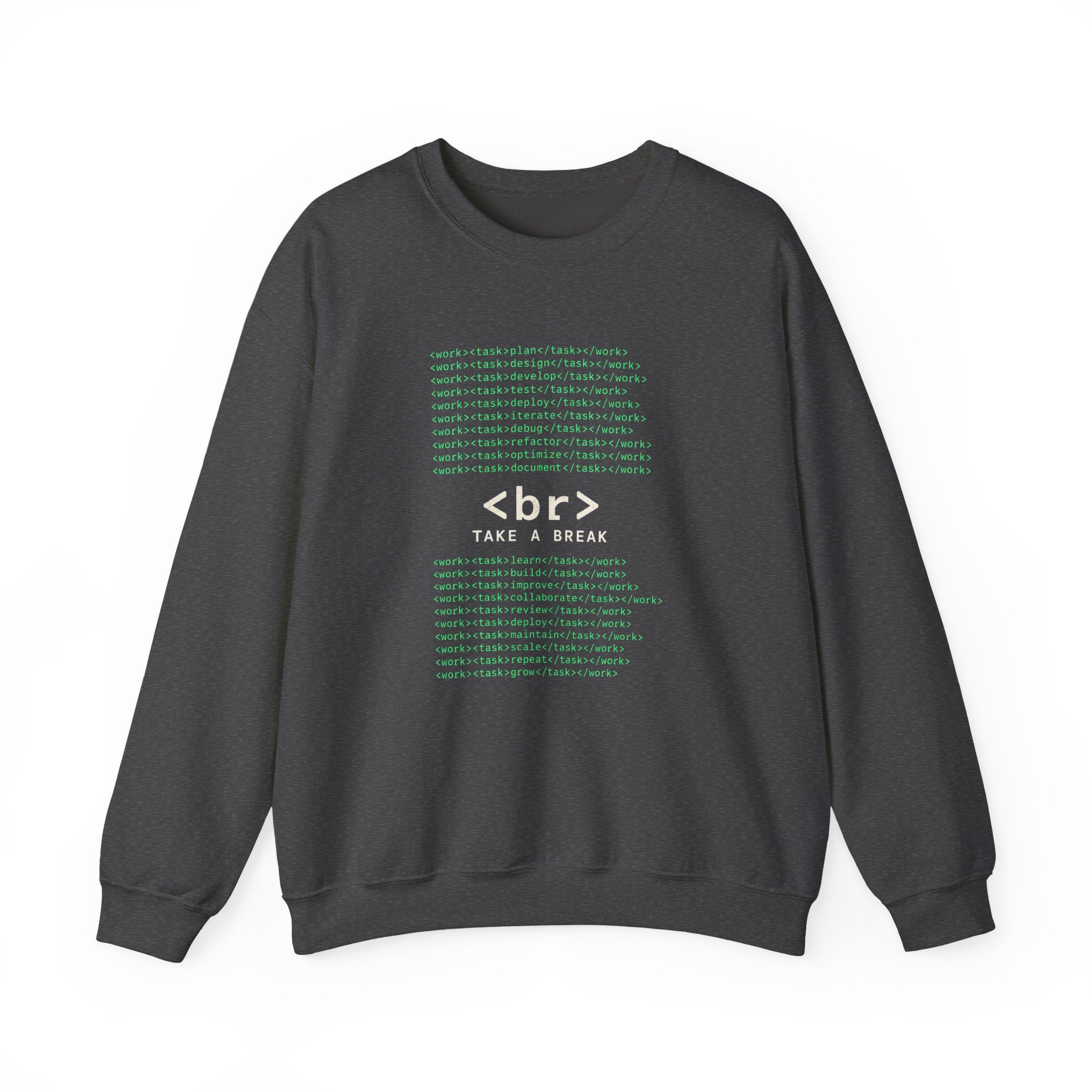 Work Work Break crewneck sweatshirt in Dark Heather, front view