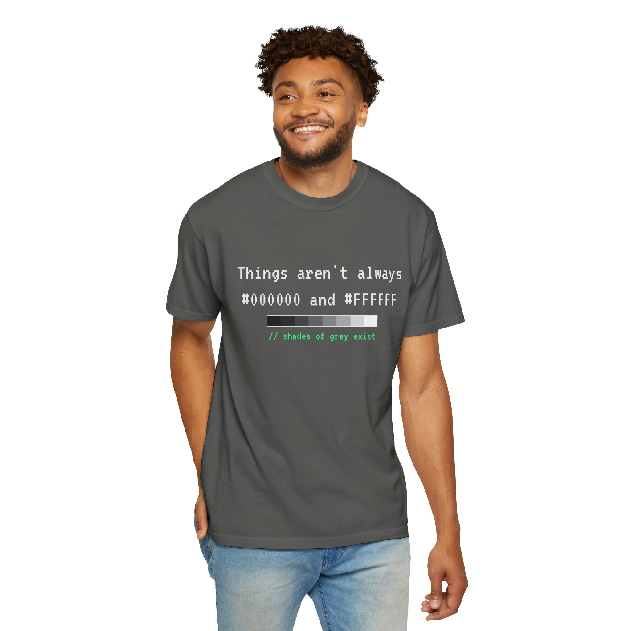 Shades of Grey Exist T-shirt in Pepper, worn by a man, second model