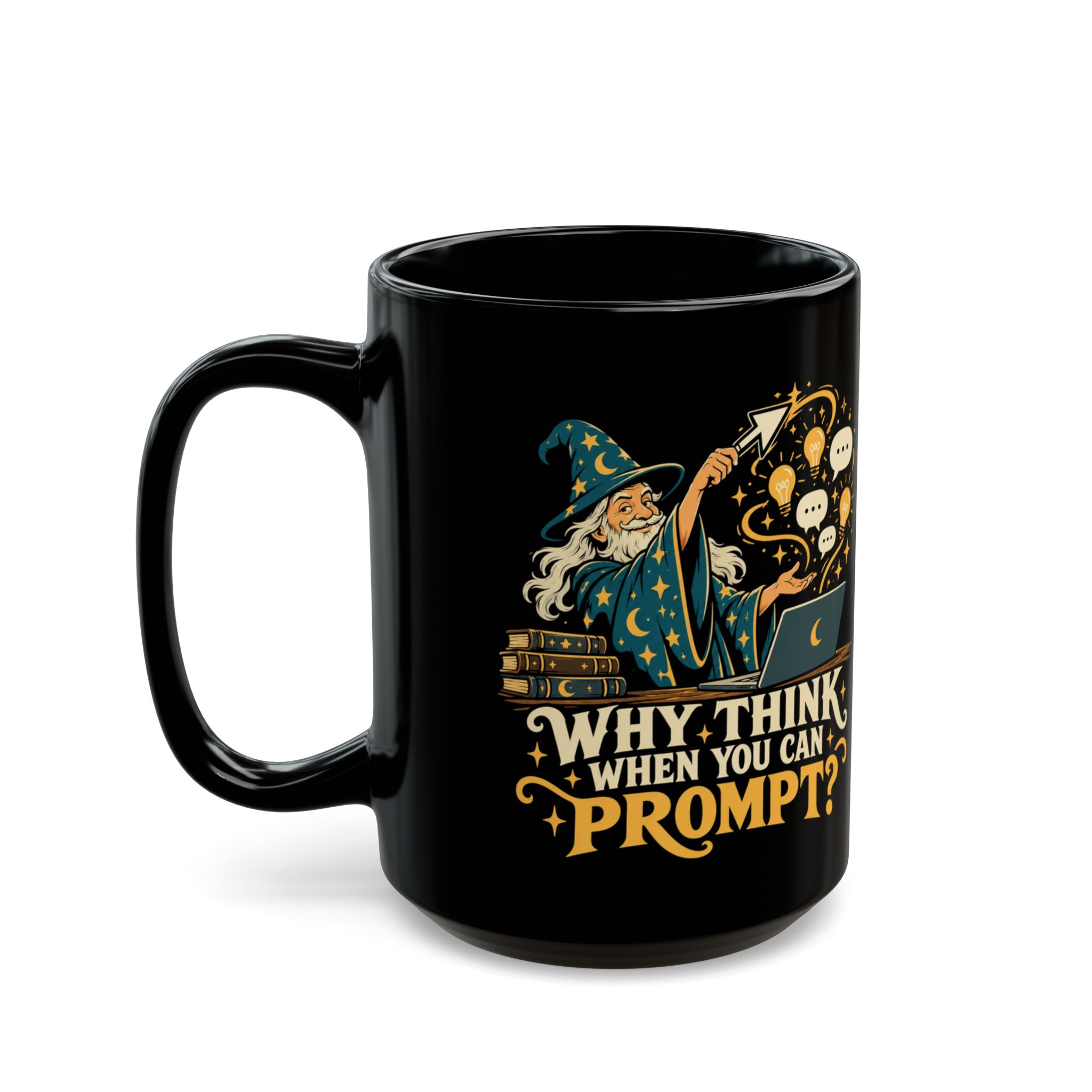 Prompt Wizard black mug, 15 oz, left side