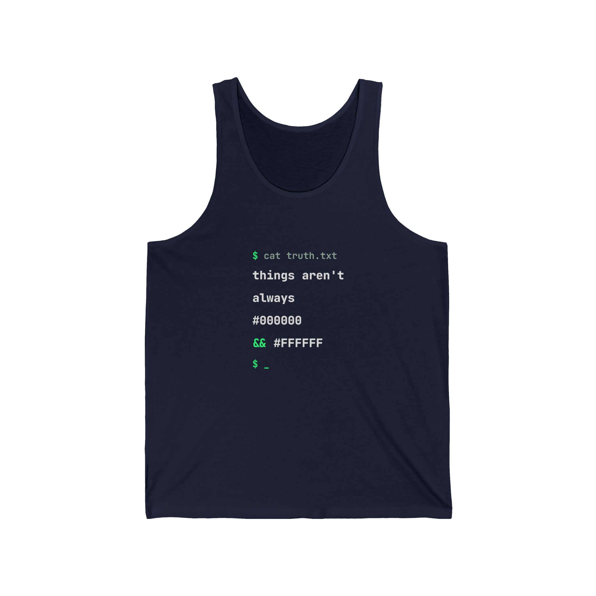 cat truth.txt unisex tank in Navy, front view