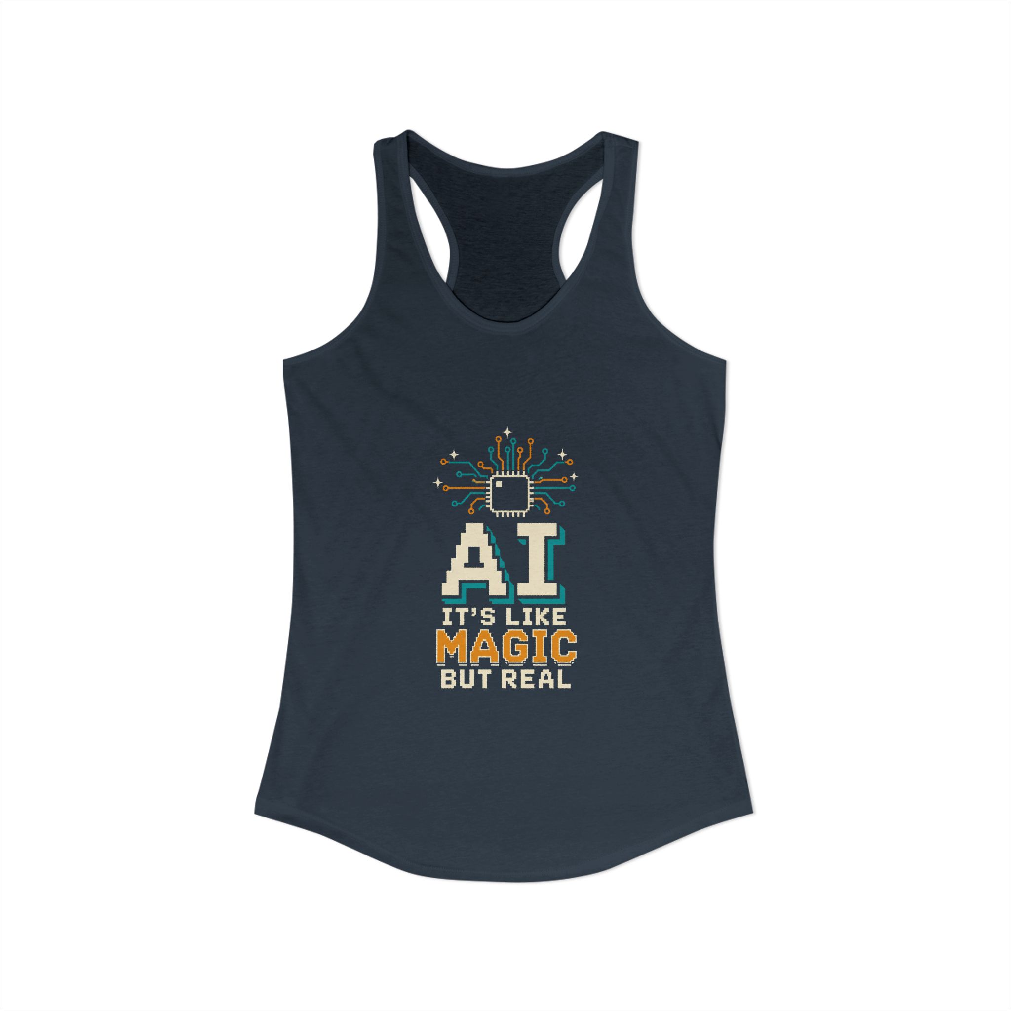 AI Magic Chip women's racerback tank in Solid Indigo, front view