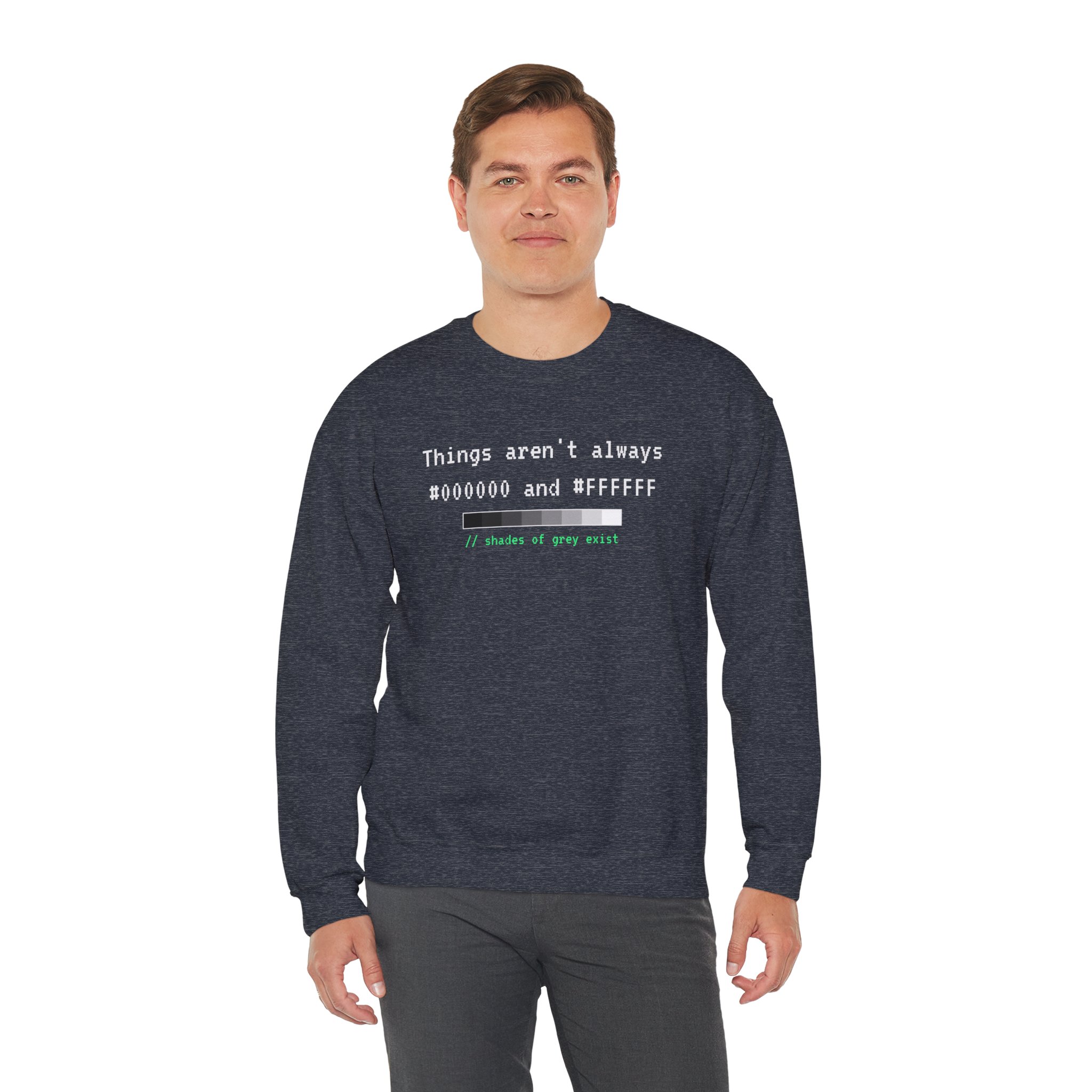 Shades of Grey Exist crewneck sweatshirt in Heather Sport Dark Navy, worn by a model, third view