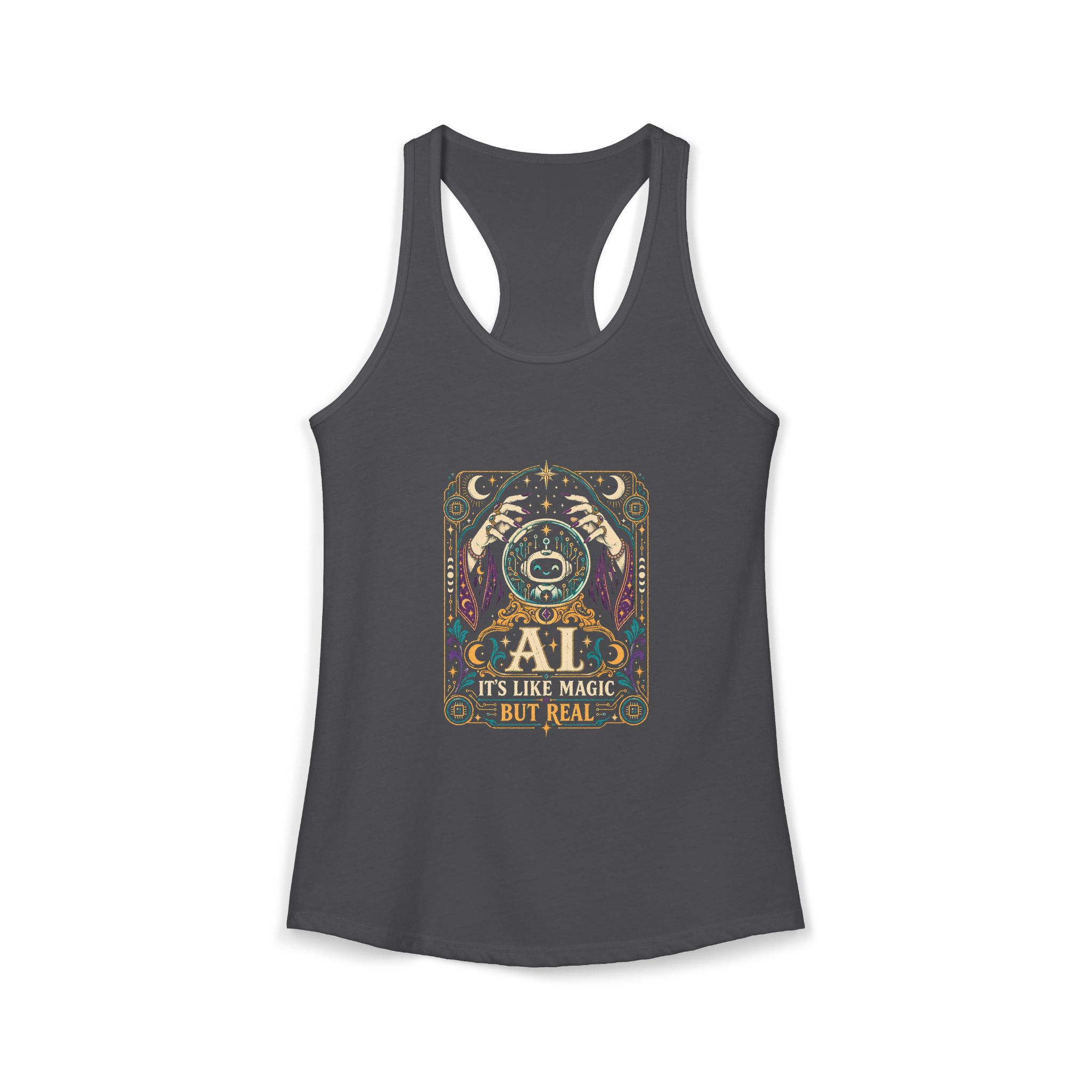 AI Magic Crystal Ball women's racerback tank in Solid Dark Gray, front 2