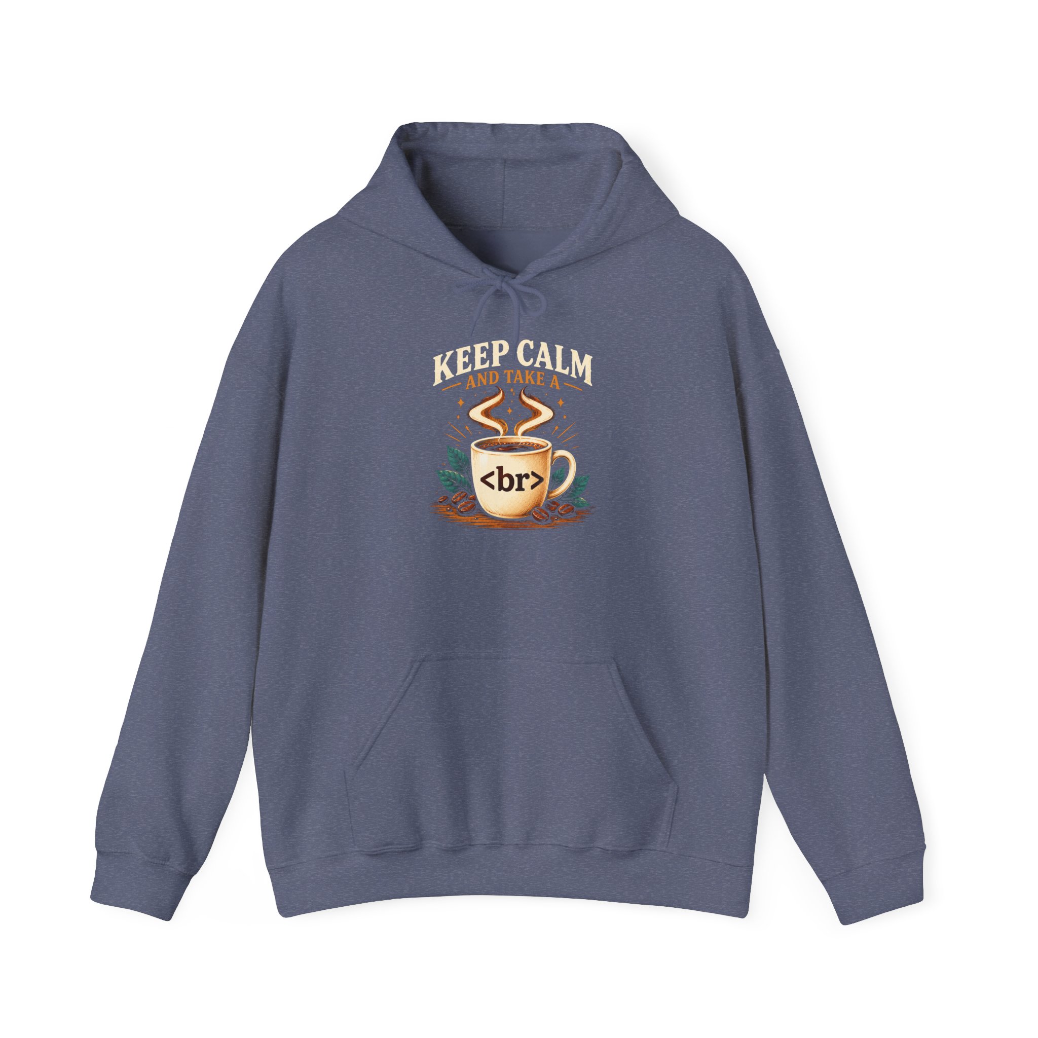 Keep Calm Coffee Break hoodie in Heather Navy, front view