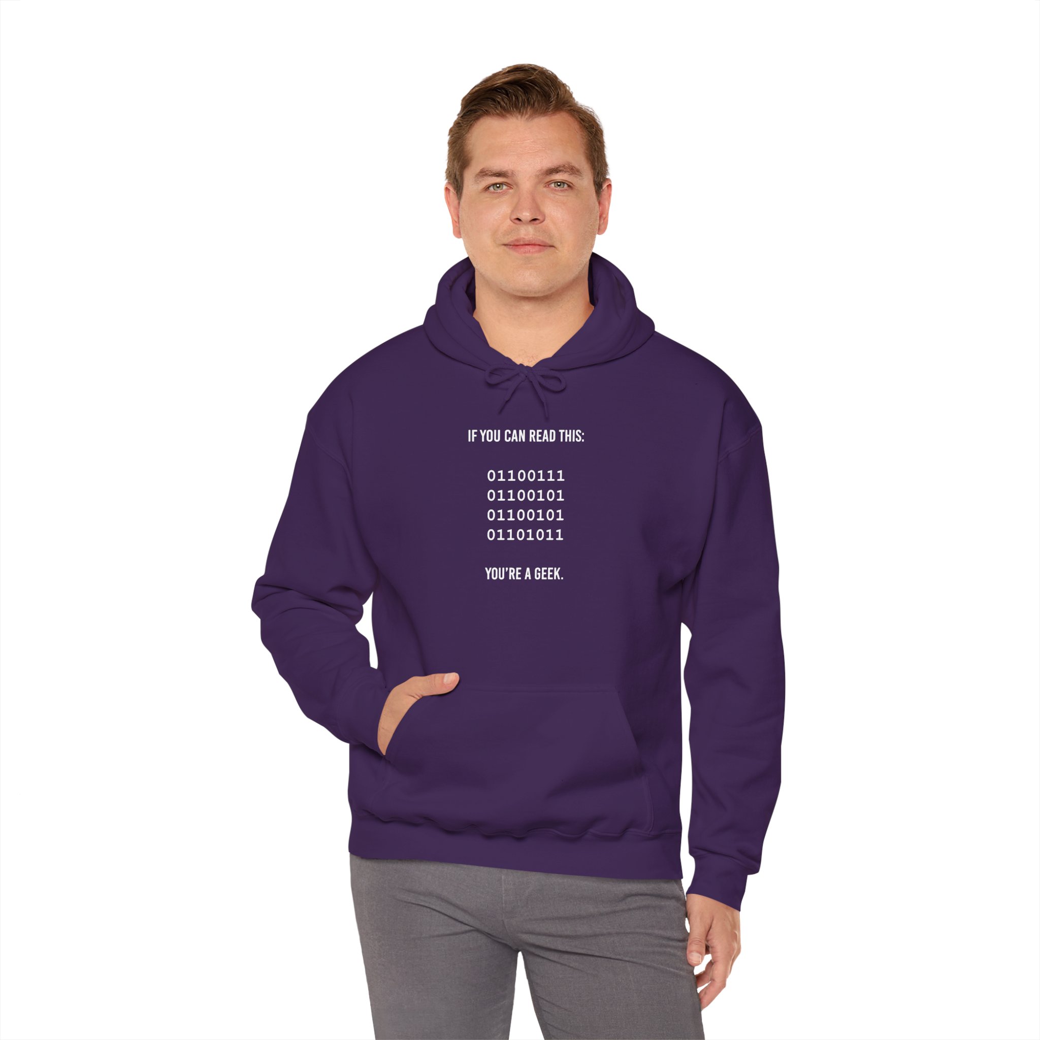 Geek Binary Code hoodie in Purple, worn by a model, fourth view