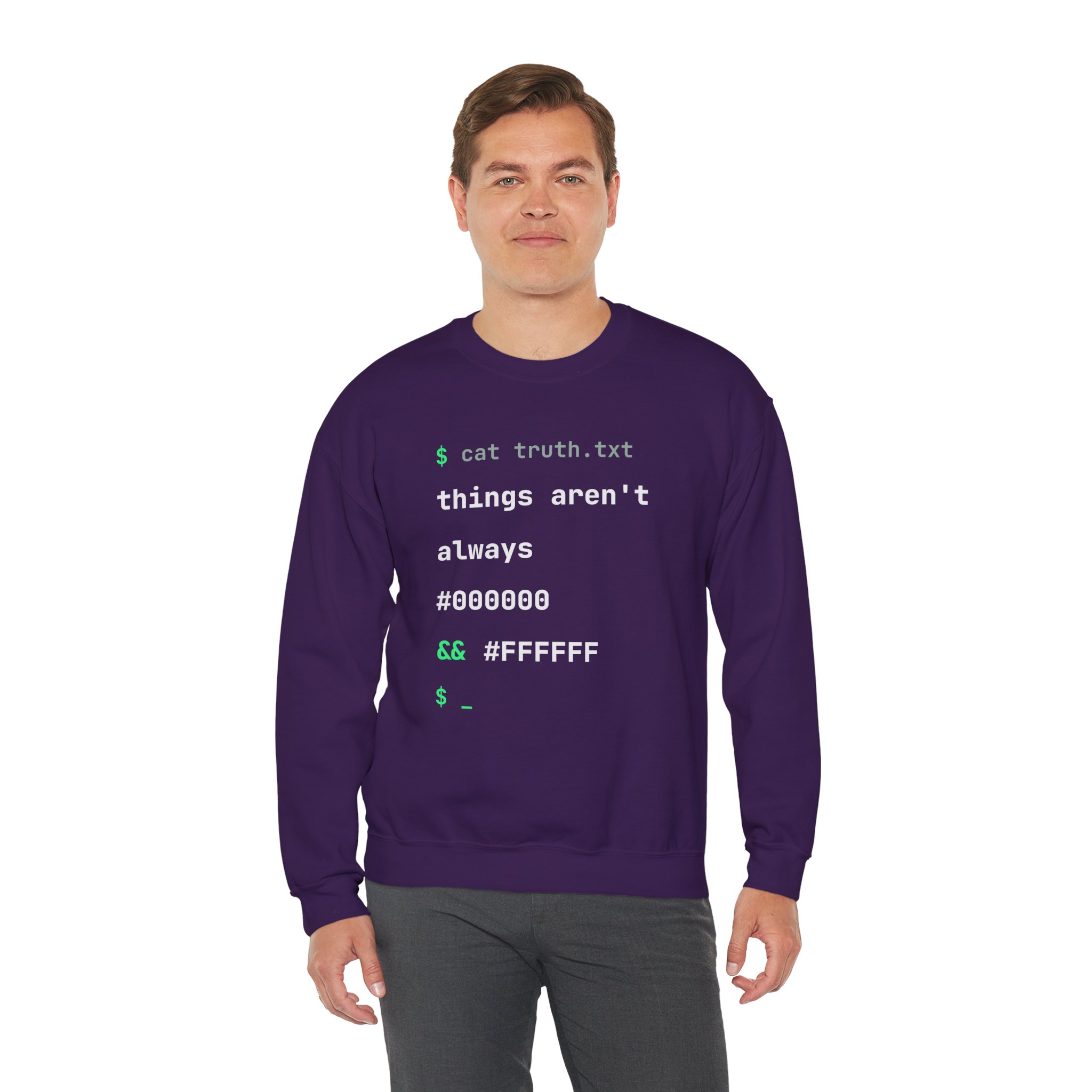 cat truth.txt crewneck sweatshirt in Purple, worn by a model, third view