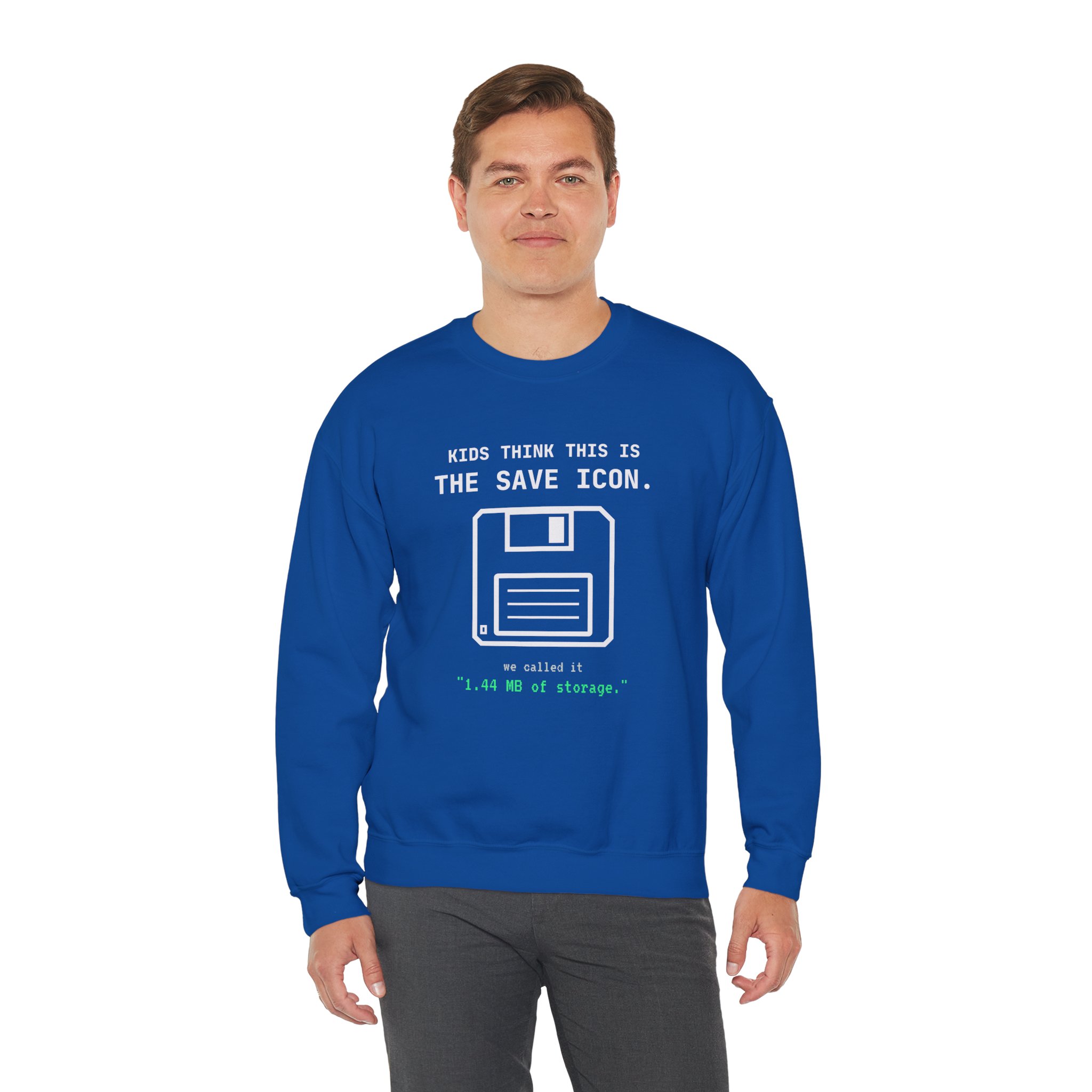 The Original Save Icon crewneck sweatshirt in Royal, worn by a model, third view