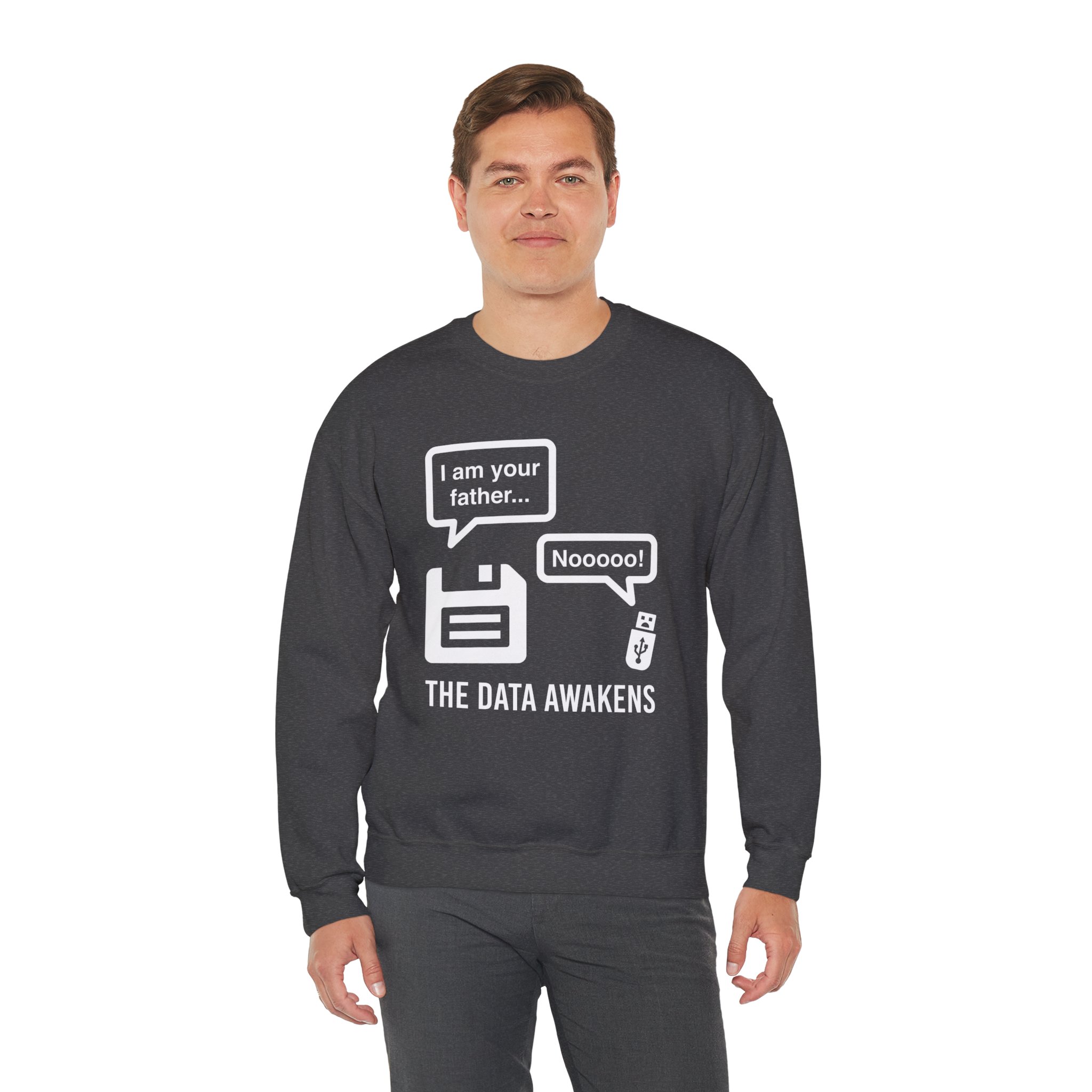 The Data Awakens crewneck sweatshirt in Dark Heather, worn by a model, third view